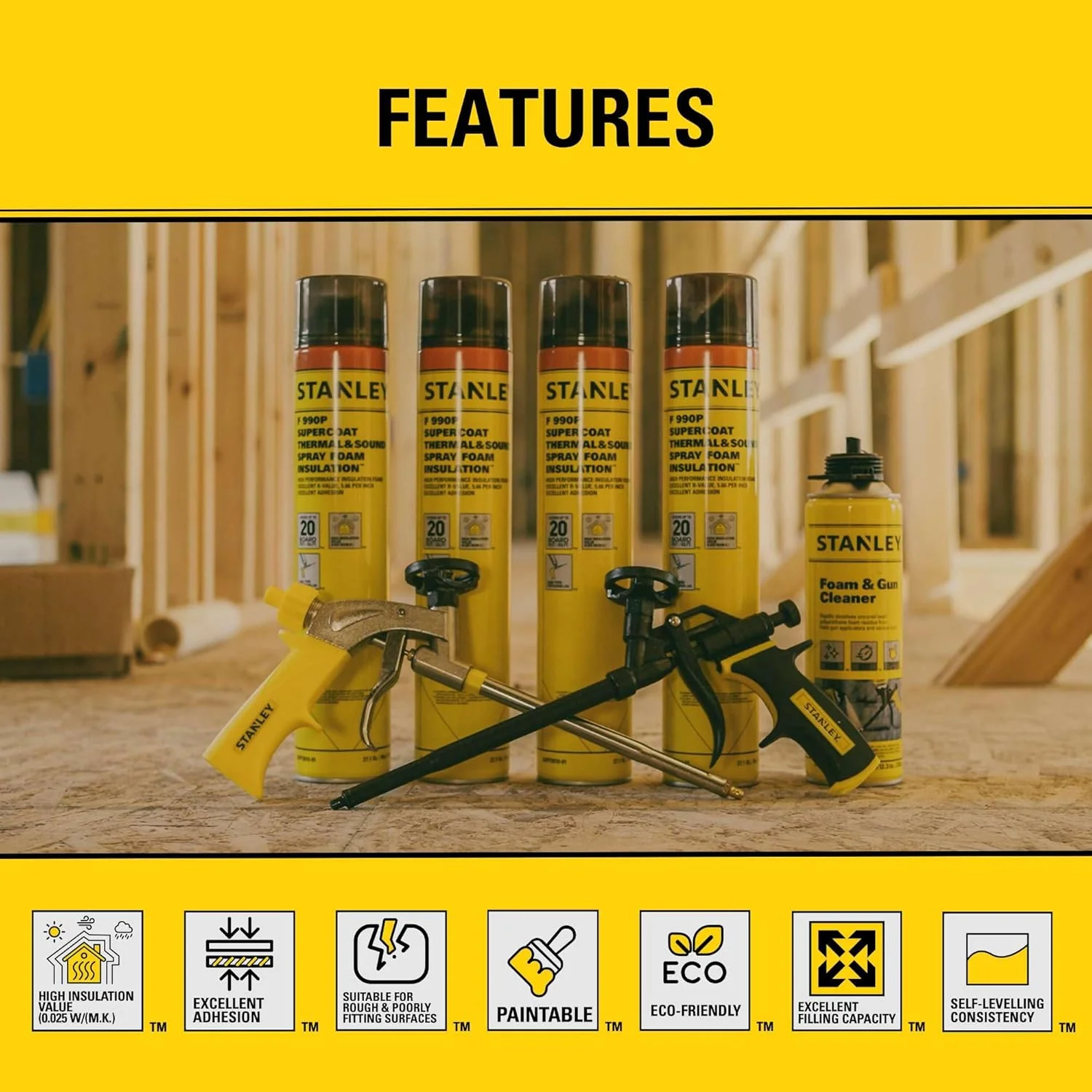 STANLEY Supercoat Spray Foam Insulation - Closed Cell Spray Foam Covers Up to 120 Sq.Ft. Gun Use Insulation Foam, 27.1 oz, Gun Not Included (Pack of 6) - Image 3