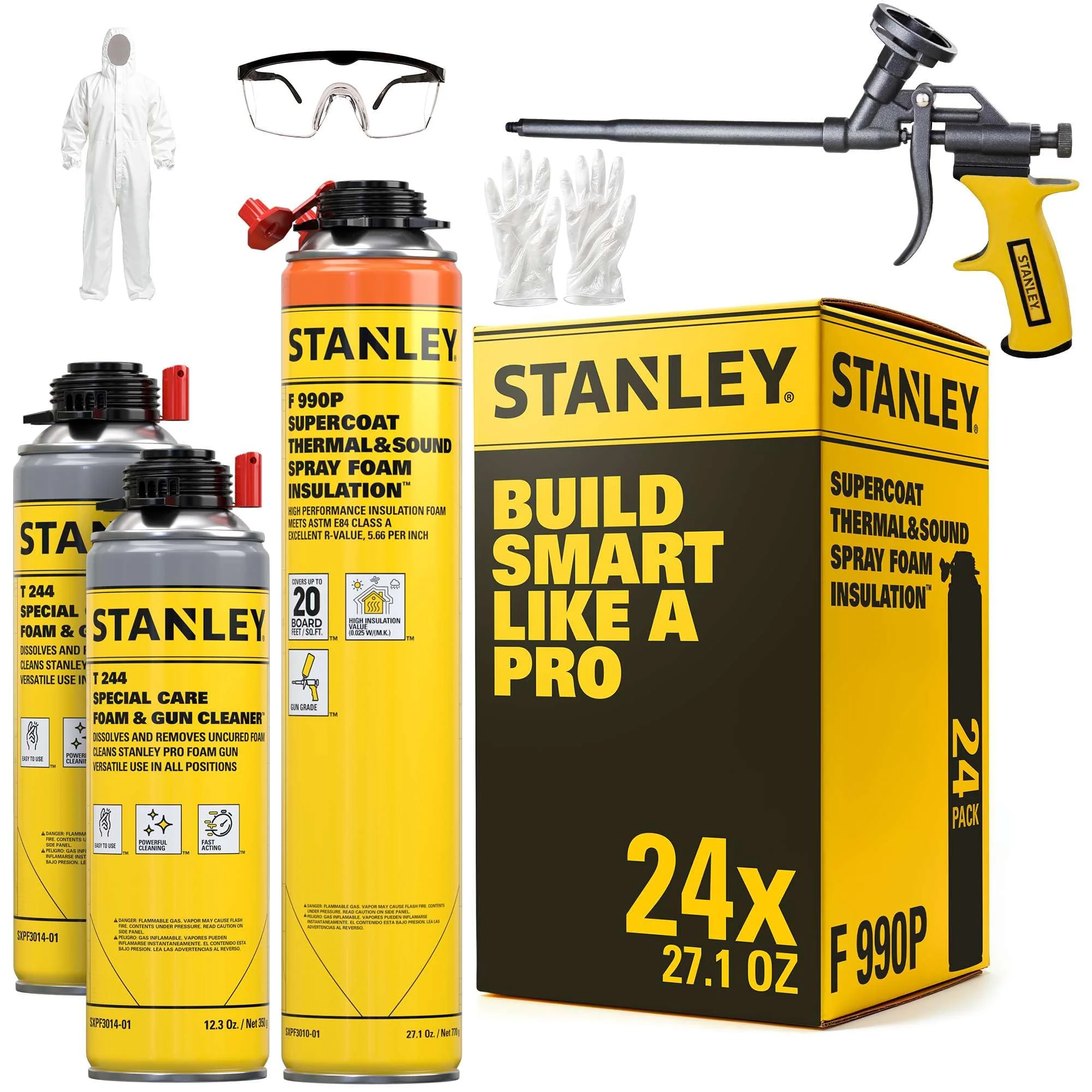 STANLEY Supercoat Spray Foam Insulation Kit - Gun, Cleaner & Safety Items Included, 27.1 oz (Kit Includes Pack of 24)