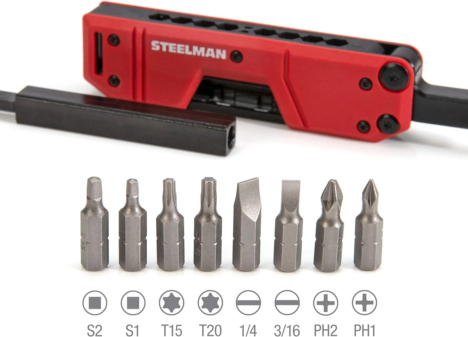 Steelman 60713 10-In-1 Multi-Tip Folding Magnetic Pocket Screwdriver with Carrying Clip and Bottle Opener, Includes 3/16" and 1/4" Slotted, PH1, PH2, T15, T20, S1 and S2 Bits - Image 3