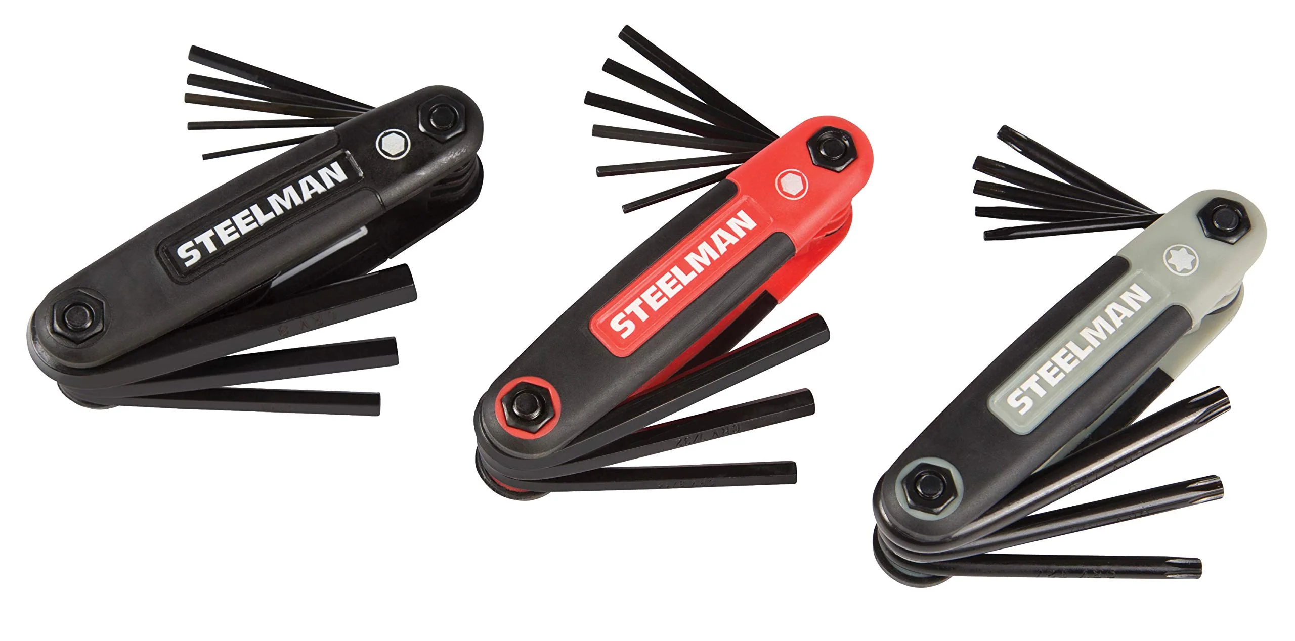 Steelman 41928 3-Piece Set Folding Hex Key Wrench Tools, SAE, Metric, and Torx Allen Wrench Sets, Chamfered Ends, Rubberized Grip