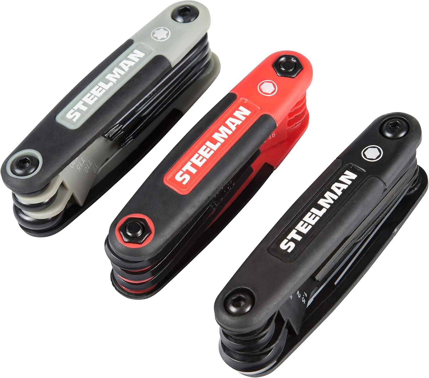 Steelman 41928 3-Piece Set Folding Hex Key Wrench Tools, SAE, Metric, and Torx Allen Wrench Sets, Chamfered Ends, Rubberized Grip - Image 3