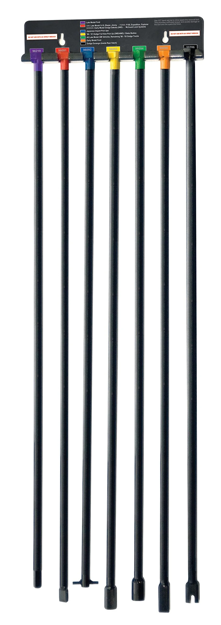 Steelman 96090A 7-Piece Spare Tire Retrieval Tool Kit, Lower and Raise Cradle-Suspended Tires, Flat, Pin, Hex, 12-mm Square, Slotted, ⅜-inch Square Heads