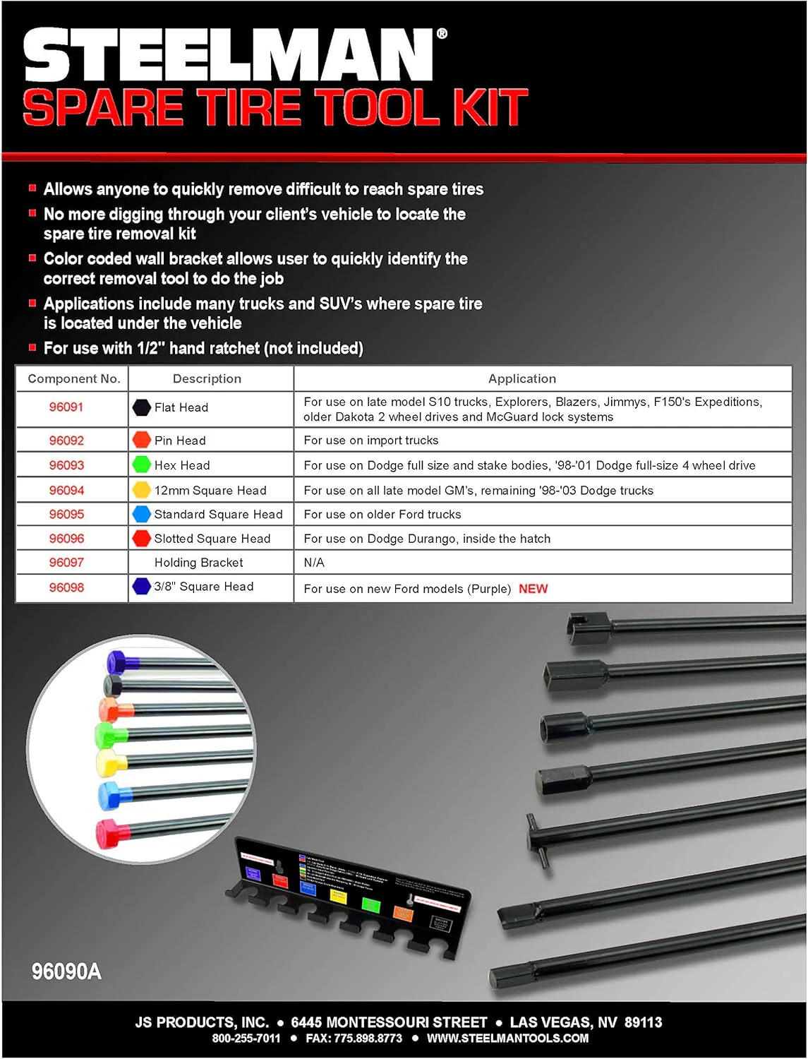 Steelman 96090A 7-Piece Spare Tire Retrieval Tool Kit, Lower and Raise Cradle-Suspended Tires, Flat, Pin, Hex, 12-mm Square, Slotted, ⅜-inch Square Heads - Image 6