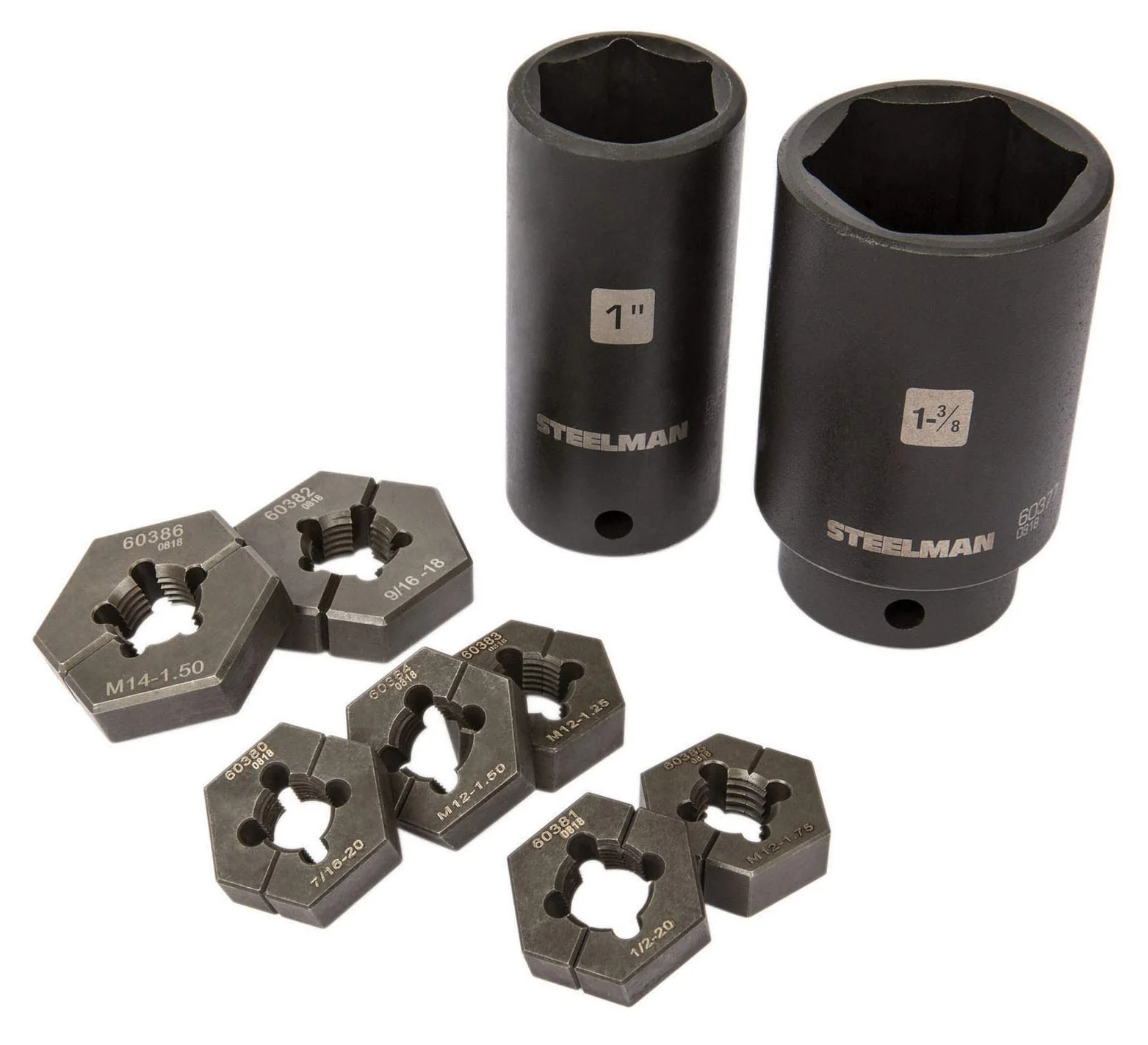 Steelman 60375 9-Piece Split Die Wheel Stud Repair/Rethreading Kit, Indexing Pins, Steel, Repairs Threads on Wheel Studs and Bolts, Two Sockets Included
