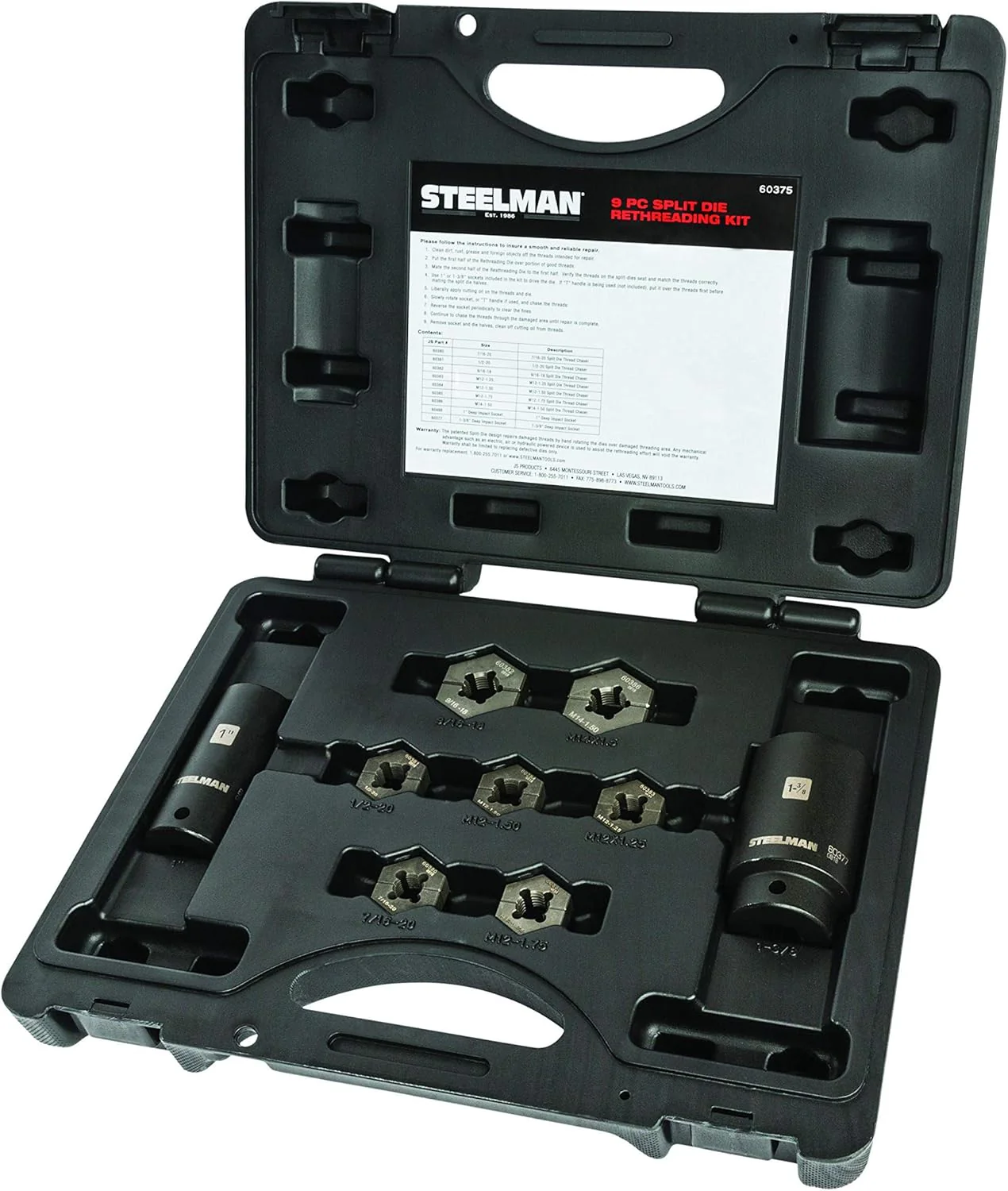 Steelman 60375 9-Piece Split Die Wheel Stud Repair/Rethreading Kit, Indexing Pins, Steel, Repairs Threads on Wheel Studs and Bolts, Two Sockets Included - Image 3