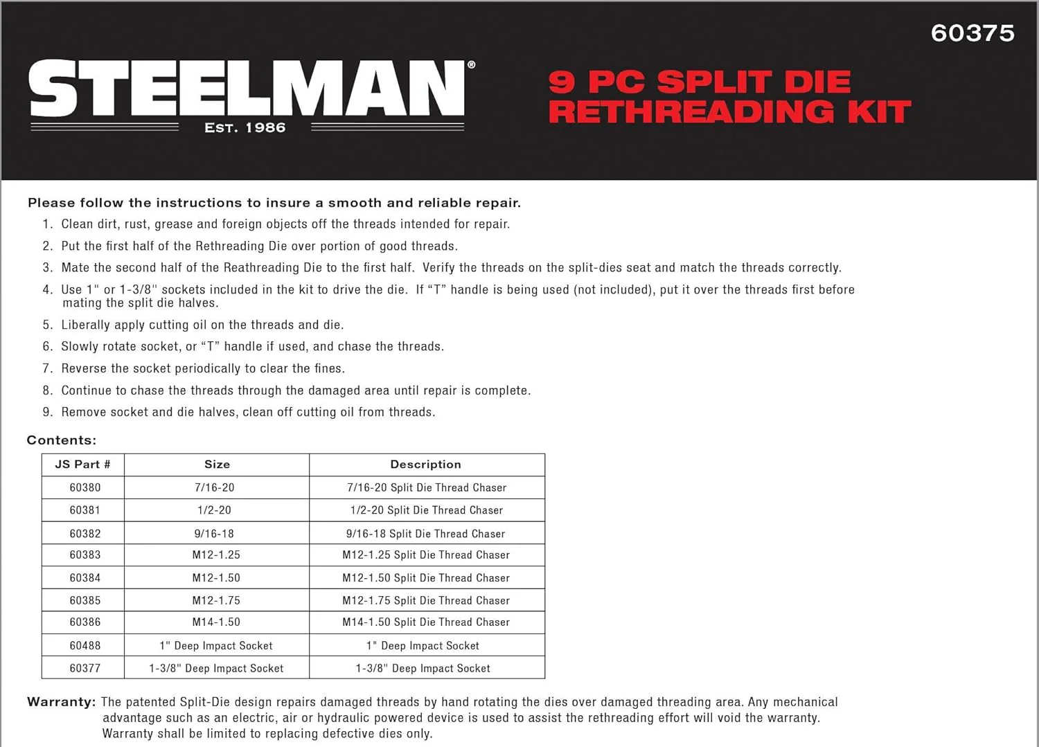 Steelman 60375 9-Piece Split Die Wheel Stud Repair/Rethreading Kit, Indexing Pins, Steel, Repairs Threads on Wheel Studs and Bolts, Two Sockets Included - Image 5