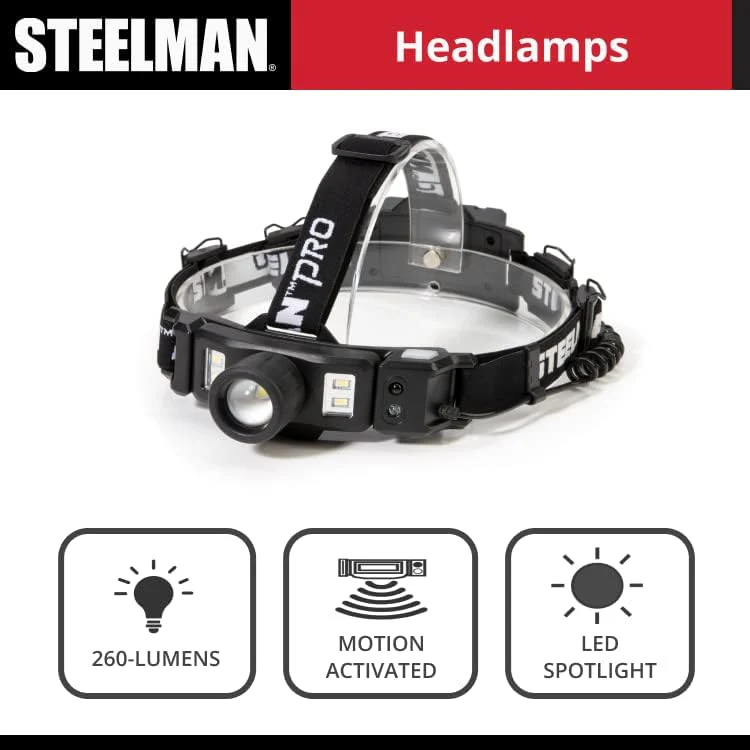 Steelman 79379 Pro Rechargeable Focusing Spotlight Headlamp, Motion-Sensing, Rear Safety Light, Pivoting Head, Up to 260 Lumens of Brightness - Image 5