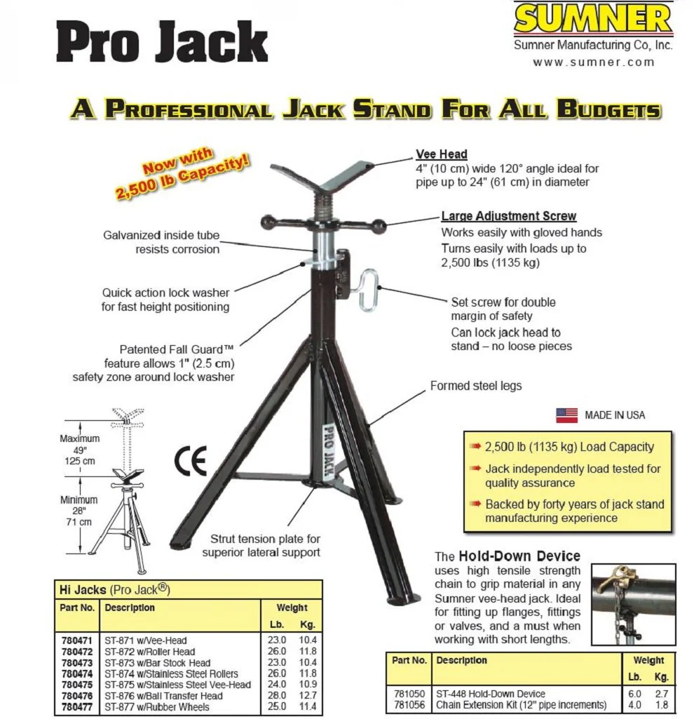 Sumner 780471 ST-871 Hi Pro Jack with Vee Head, 28" to 49" Adjustable Height, 2500 lb. Capacity - Image 2