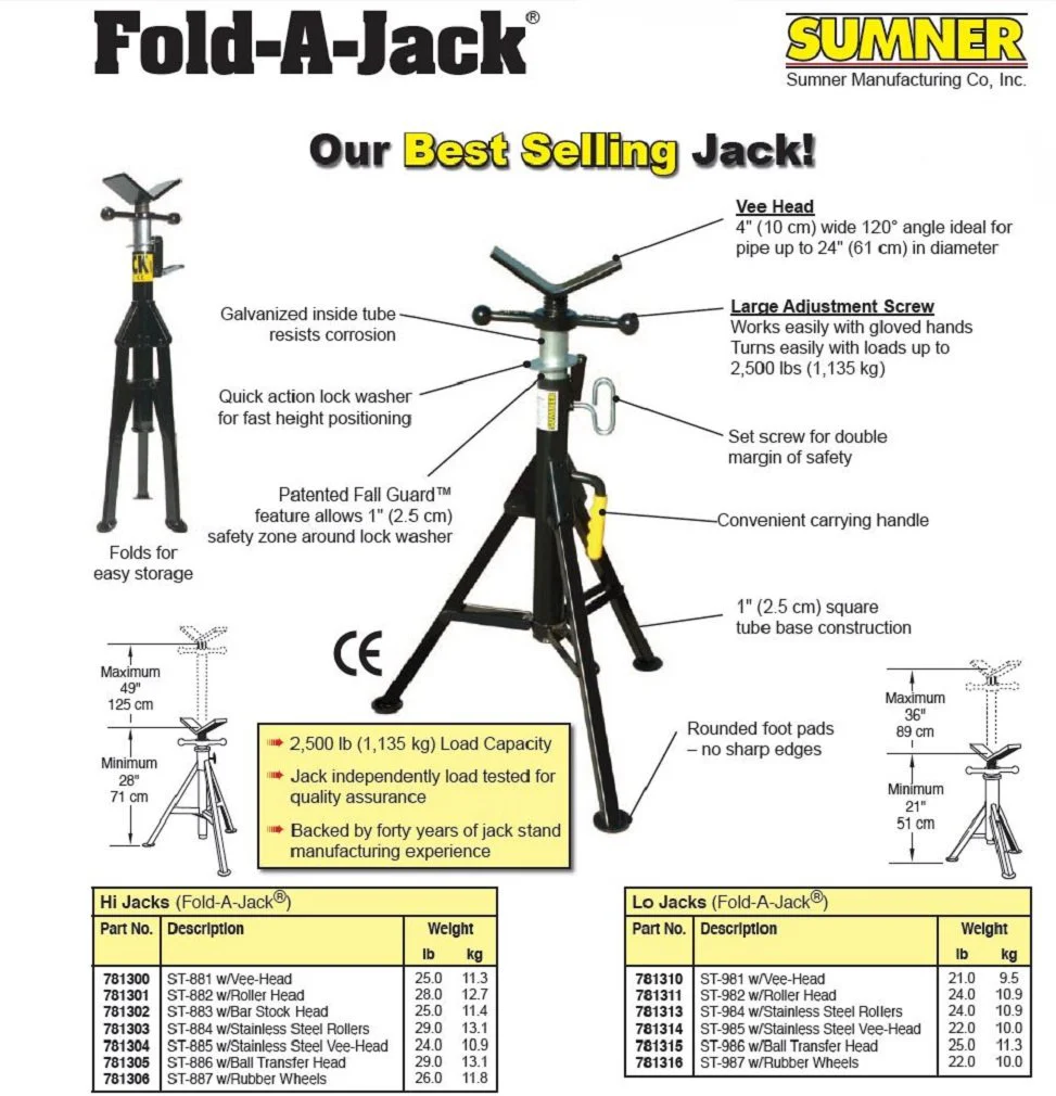 Sumner Manufacturing 781310 ST-981 Lo Fold-A-Jack, Vee Head, 21" to 36" Adjustable Height, 2,500 lb. Capacity - Image 3