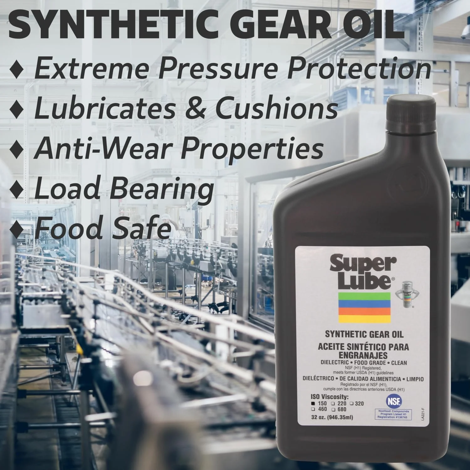 Super Lube Synthetic Gear Oil Hydraulic Grade (Translucent Amber, ISO 220-1qt Bottle) | NSF Certified Food Grade & Clean | Heavy Film Lubricates & Cushions - Image 2