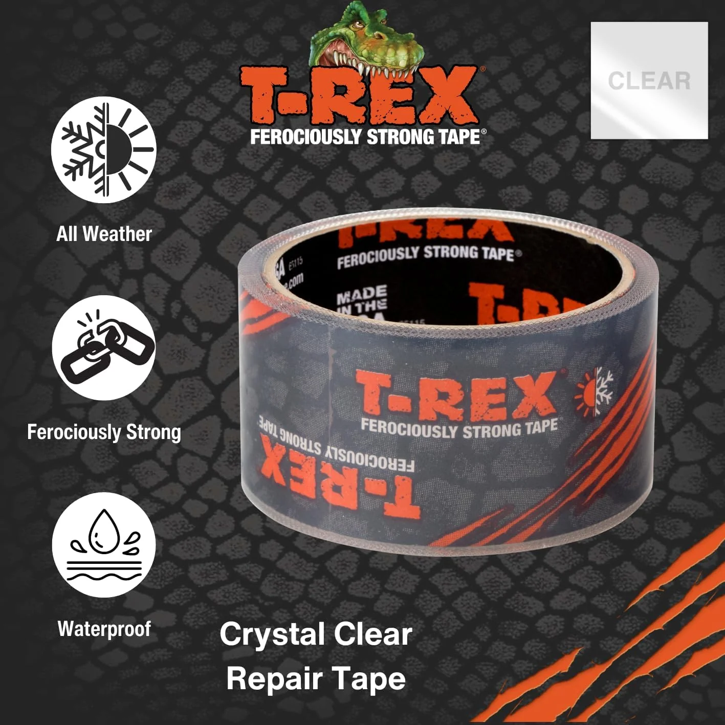 T-REX 241535 Ferociously Strong Repair Tape, Sticks to Wet Surfaces, All Weather and UV Resistant, 1.88" x 9 Yards, Clear, 1-Roll - Image 2