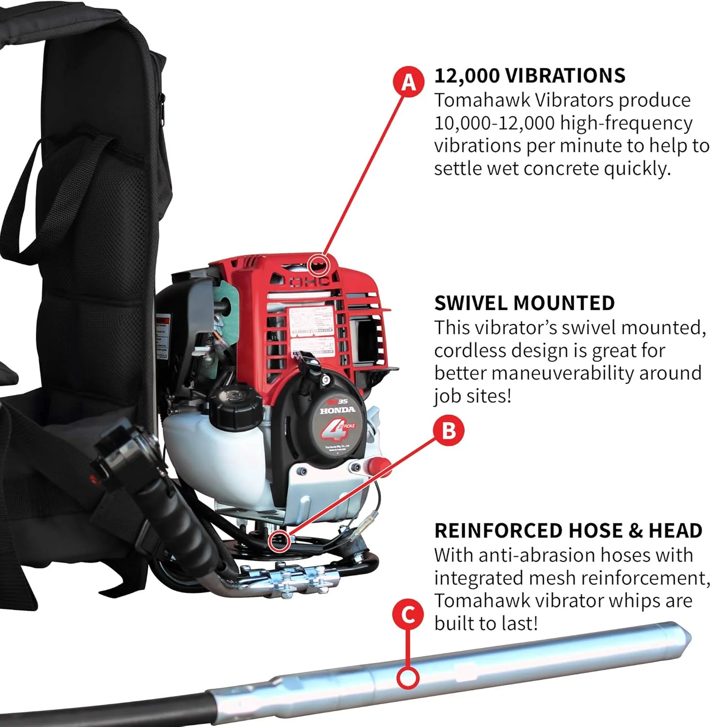 TOMAHAWK 1.6HP Honda Concrete Vibrator (Motor + 16ft Whip + 2" Head) - Image 5