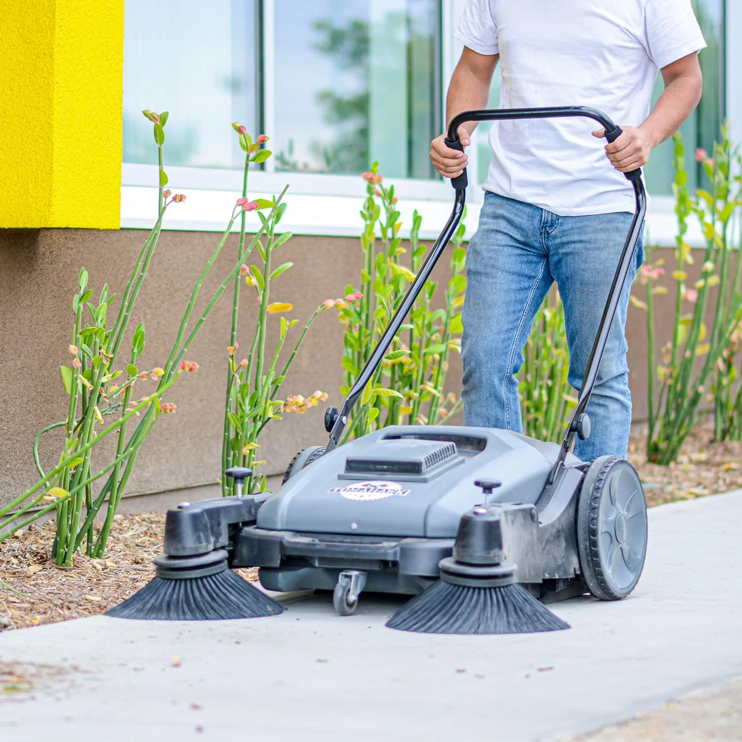 Tomahawk Industrial 38" Walk Behind Push Sweeper with Triple Power Side Brooms Floor Cleaning of Dust Litter Grass Sweeper, 38" - Image 3
