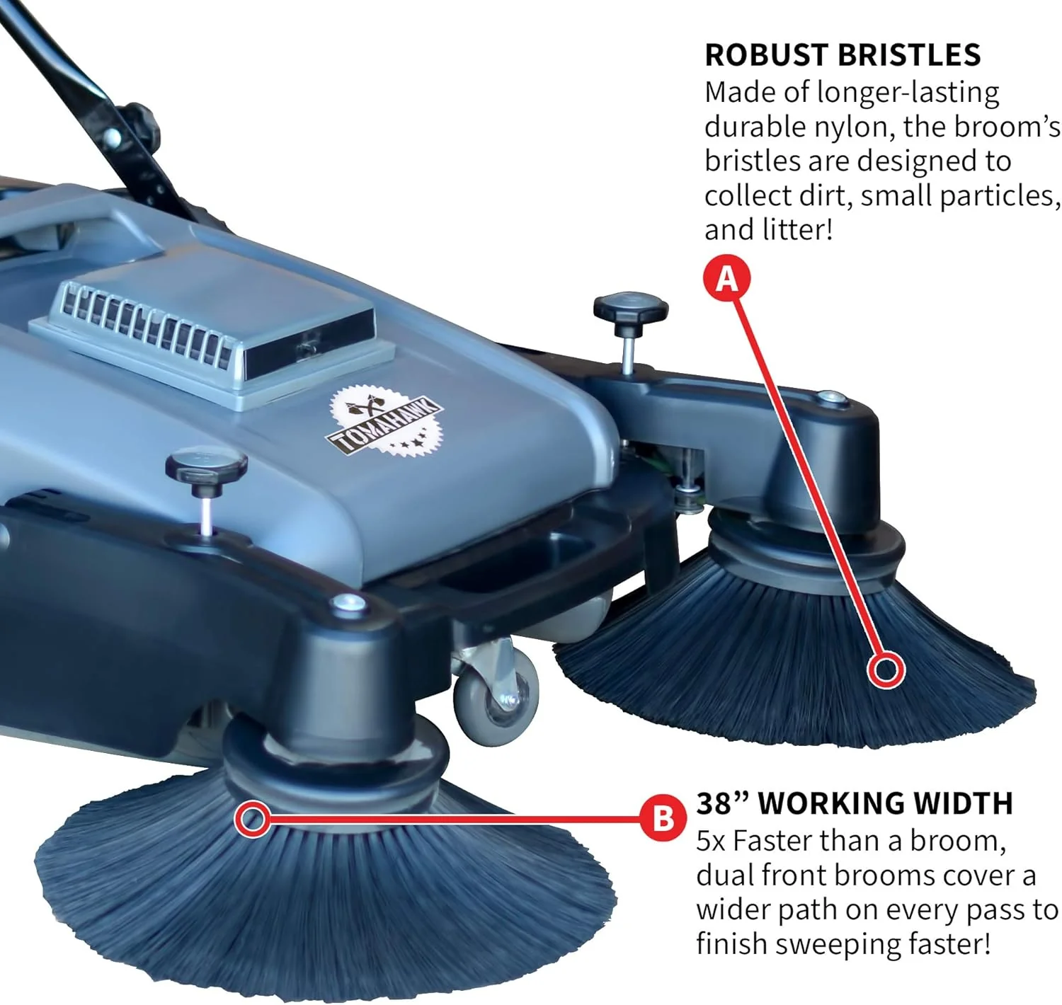 Tomahawk Industrial 38" Walk Behind Push Sweeper with Triple Power Side Brooms Floor Cleaning of Dust Litter Grass Sweeper, 38" - Image 5