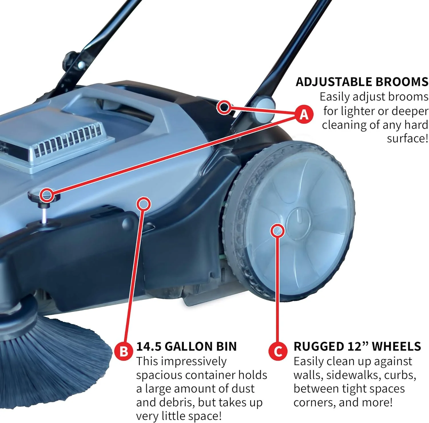 Tomahawk Industrial 38" Walk Behind Push Sweeper with Triple Power Side Brooms Floor Cleaning of Dust Litter Grass Sweeper, 38" - Image 6