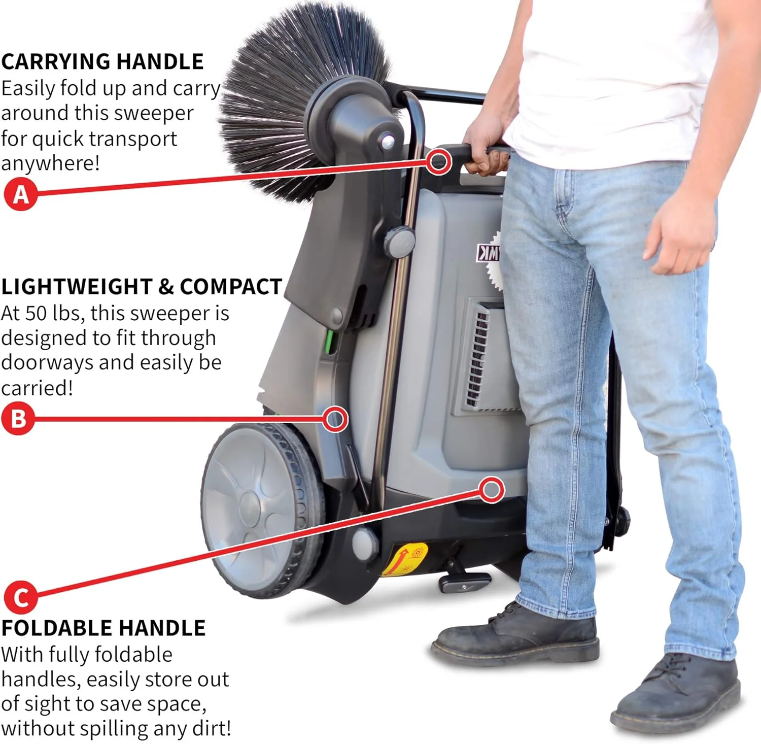 Tomahawk Industrial 38" Walk Behind Push Sweeper with Triple Power Side Brooms Floor Cleaning of Dust Litter Grass Sweeper, 38" - Image 8