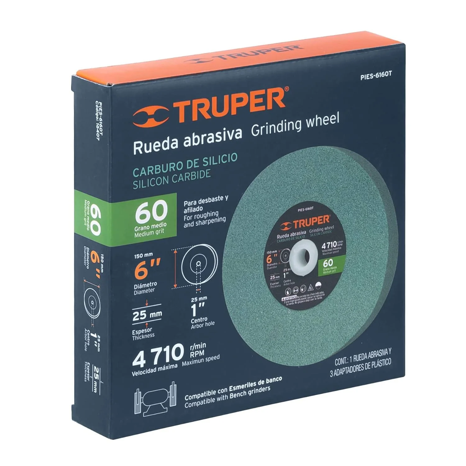 Truper 6" Silicon 16407 Carbide Bench Grinding Wheels. Grit=60, Thickness=1", Drill=1". 1 Pack