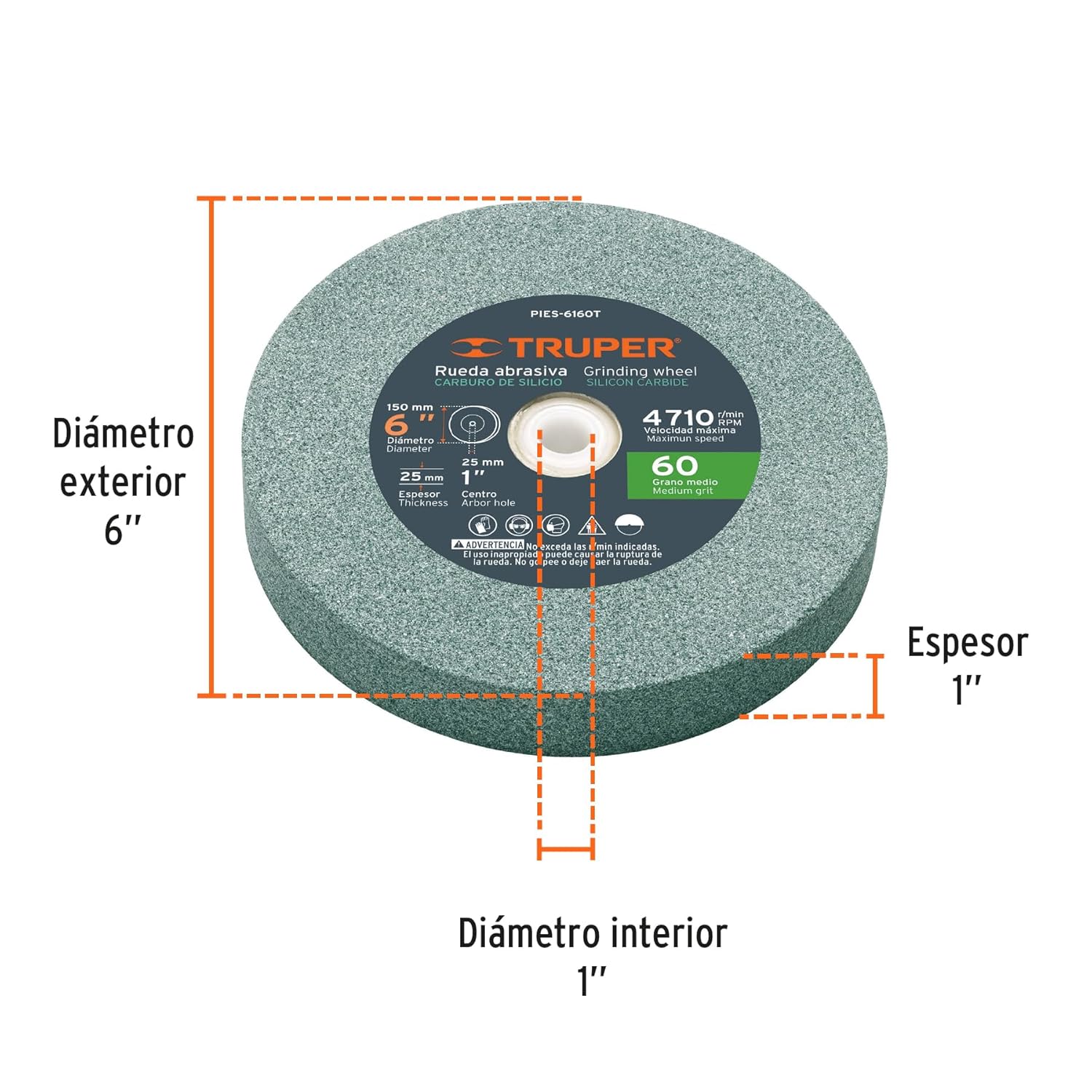 Truper 6" Silicon 16407 Carbide Bench Grinding Wheels. Grit=60, Thickness=1", Drill=1". 1 Pack - Image 3