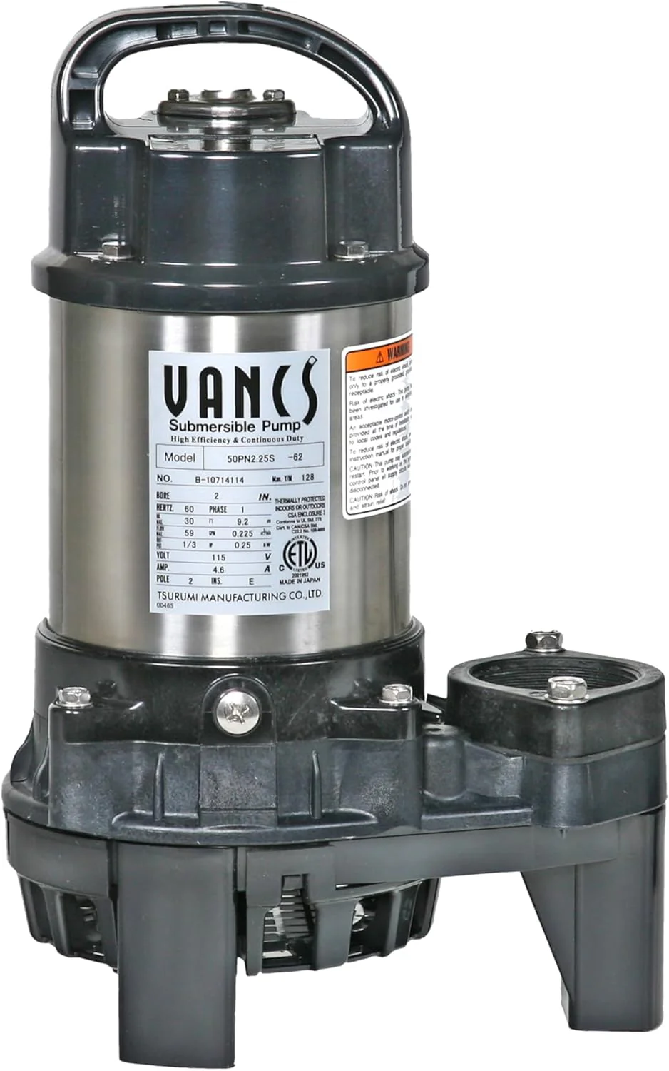 Tsurumi 3PN 1/3hp, 115V Pond & Waterfall Pump, Stainless Steel, 3540 GPH - Image 2