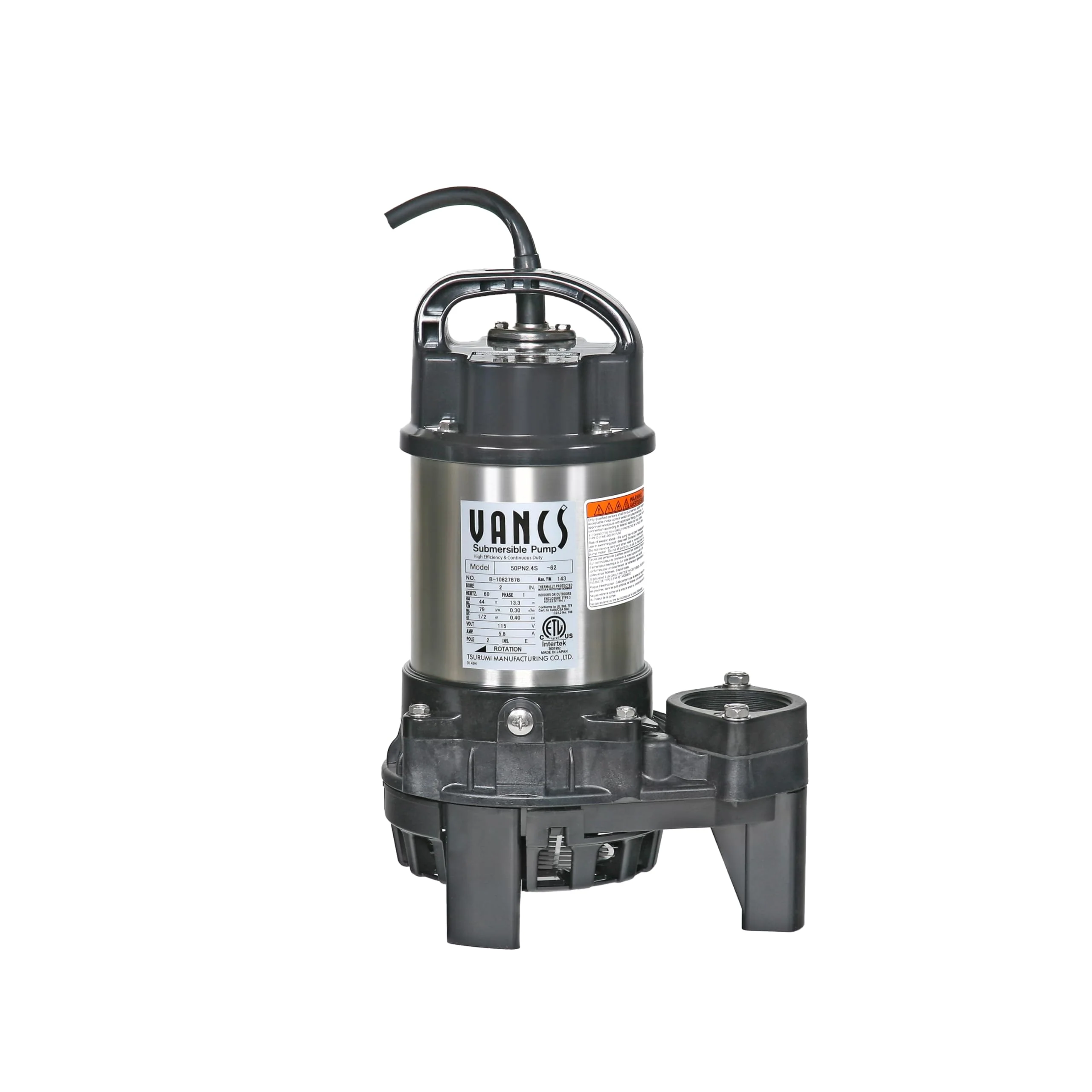 Tsurumi Pump 4-PN Submersible Pond Pump/Waterfall Pump, 1/2 HP, 115V, 2 in Discharge, Ideal Water Feature Pump for Ponds, Fountains, Waterfalls, 80 GPM / 4800GPH