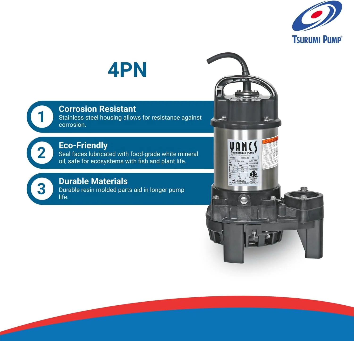Tsurumi Pump 4-PN Submersible Pond Pump/Waterfall Pump, 1/2 HP, 115V, 2 in Discharge, Ideal Water Feature Pump for Ponds, Fountains, Waterfalls, 80 GPM / 4800GPH - Image 3
