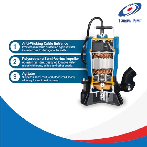 Tsurumi Pump HS2.4S Submersible Trash Pump with Agitator 1/2 HP 115V 2 in Discharge Ideal for dewatering applications with sand, solids, and other debris | 39 GPM / 2340 GPH - Image 4