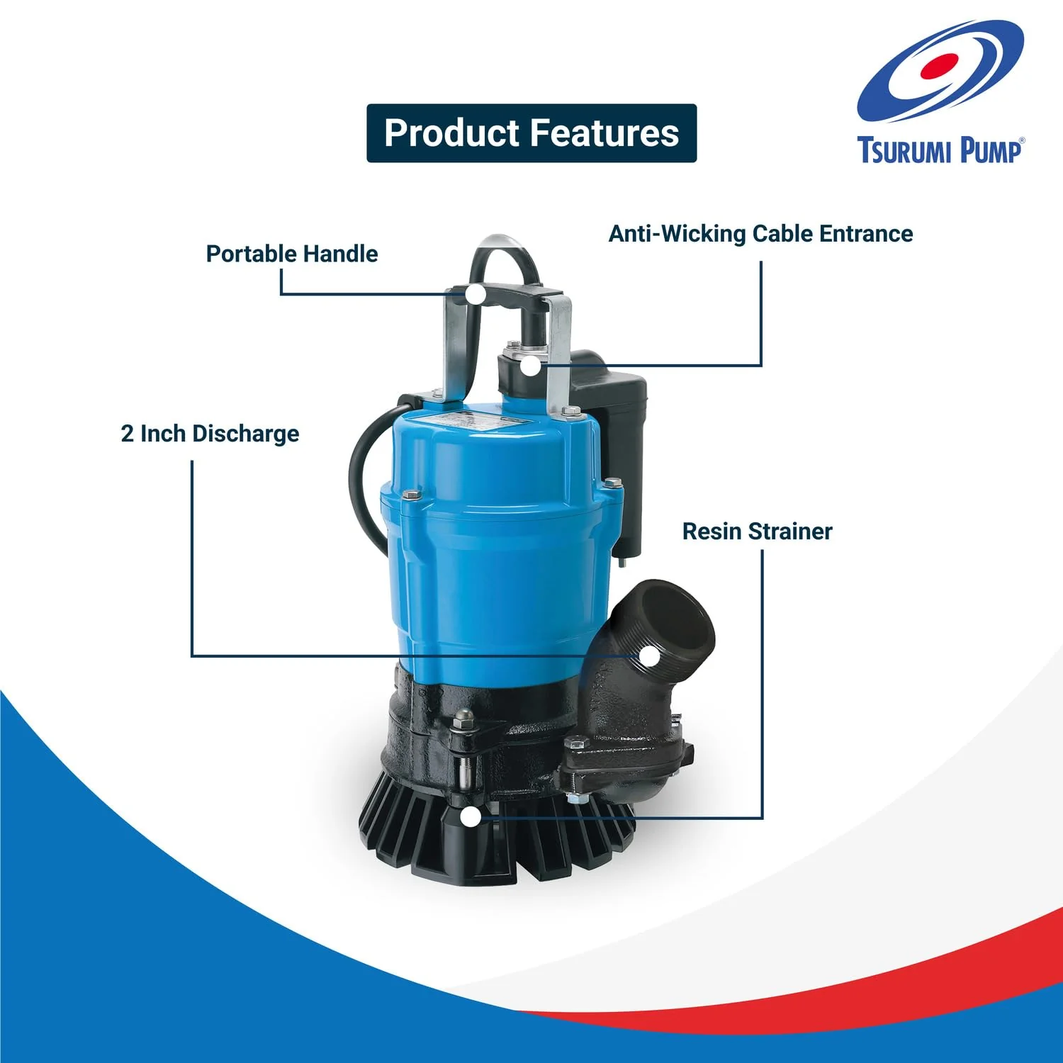 Tsurumi Pump HSE2.4S Submersible Trash Pump, Auto Relay Switch 1/2 HP 115V 2 in Discharge Dewatering Applications, 53 GPM / 3180 GPH - Image 3