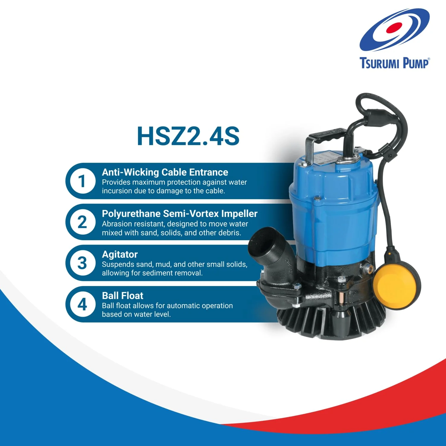 Tsurumi Pump HSZ2.4S, Submersible Trash Pump, Float Switch, 1/2 HP, 115V, 2 in Discharge, 53 GPM / 3180 GPH - Image 3