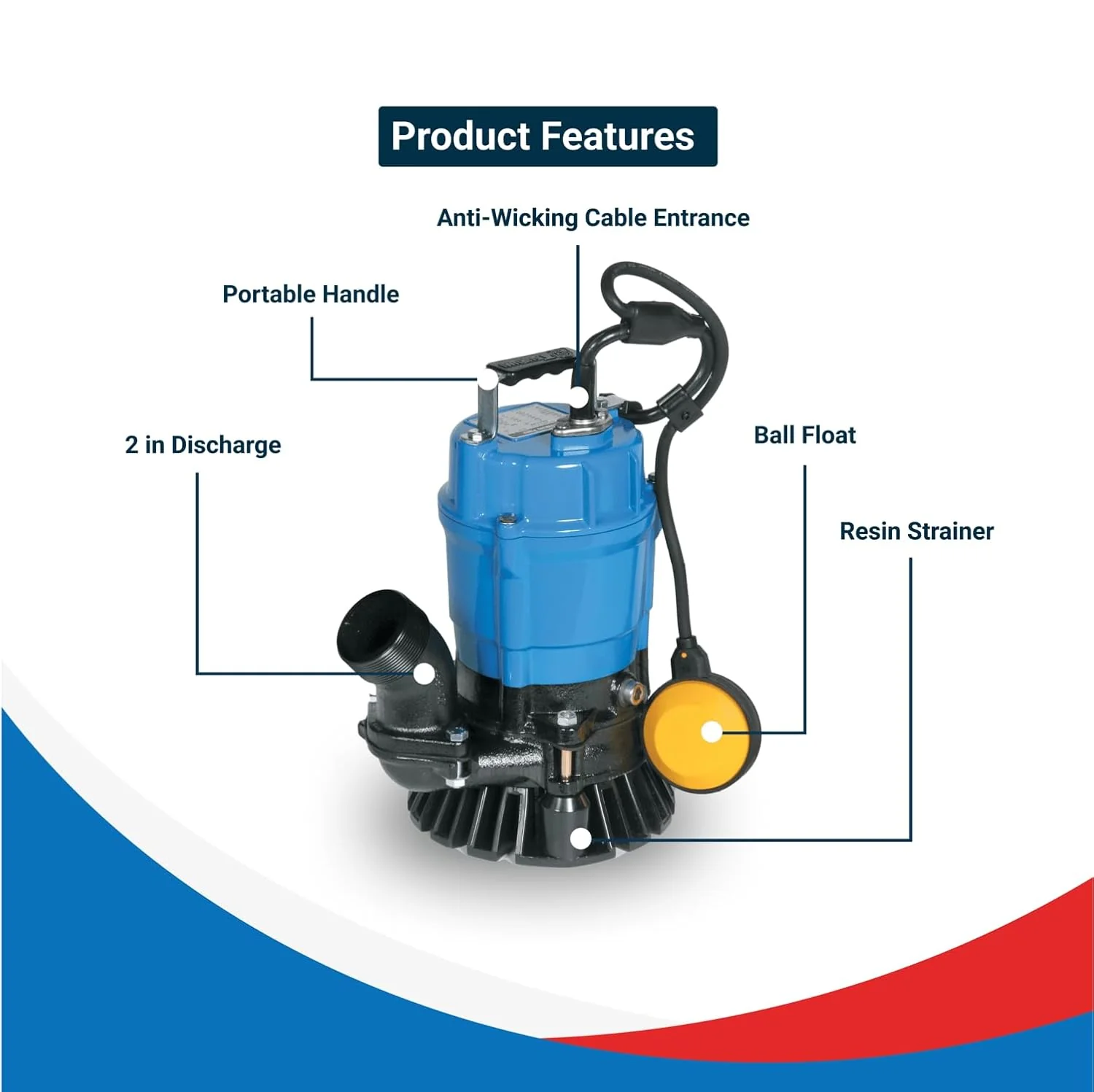Tsurumi Pump HSZ2.4S, Submersible Trash Pump, Float Switch, 1/2 HP, 115V, 2 in Discharge, 53 GPM / 3180 GPH - Image 4