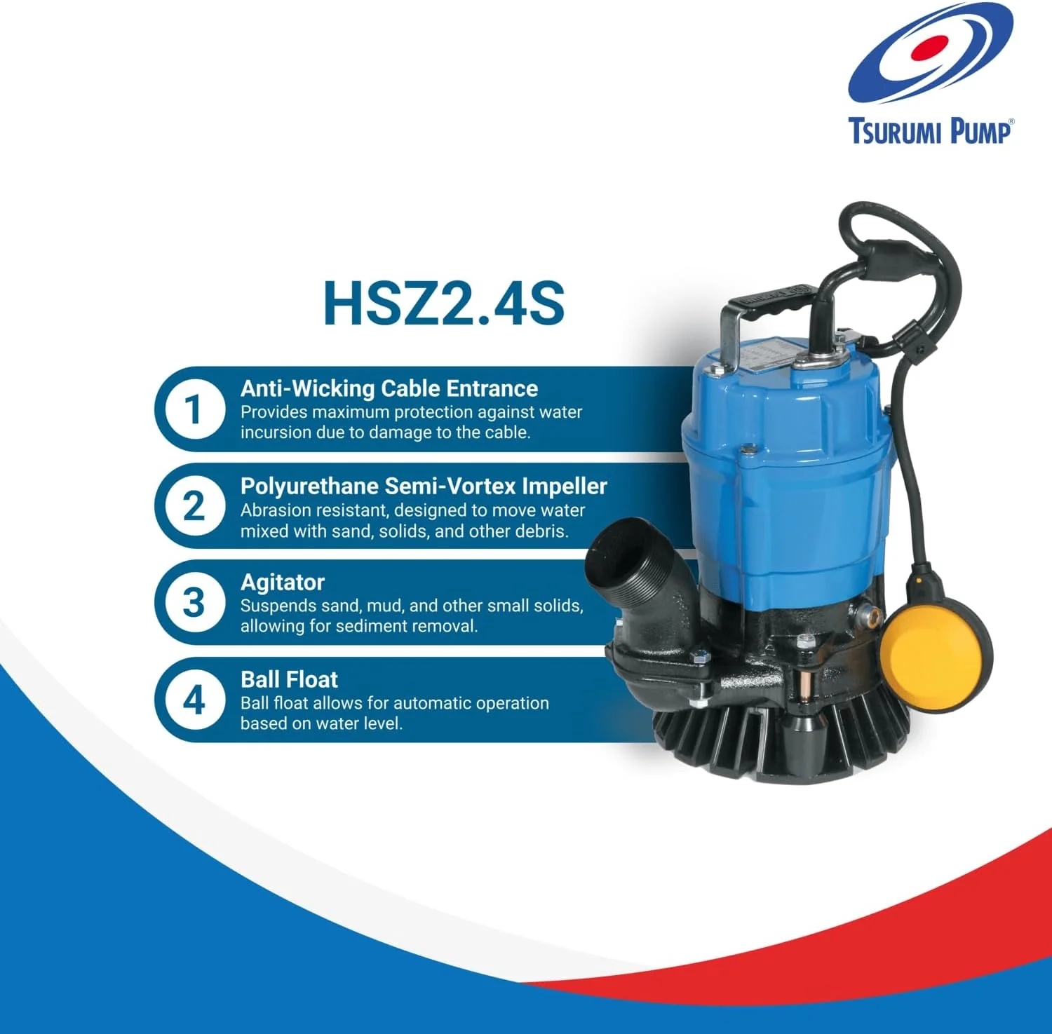 Tsurumi Pump HSZ2.4S Submersible Trash Pump with Float Switch 1/2 HP 115V 2" Discharge for Sand and Solids Dewatering | 53 GPM / 3180 GPH - Image 4