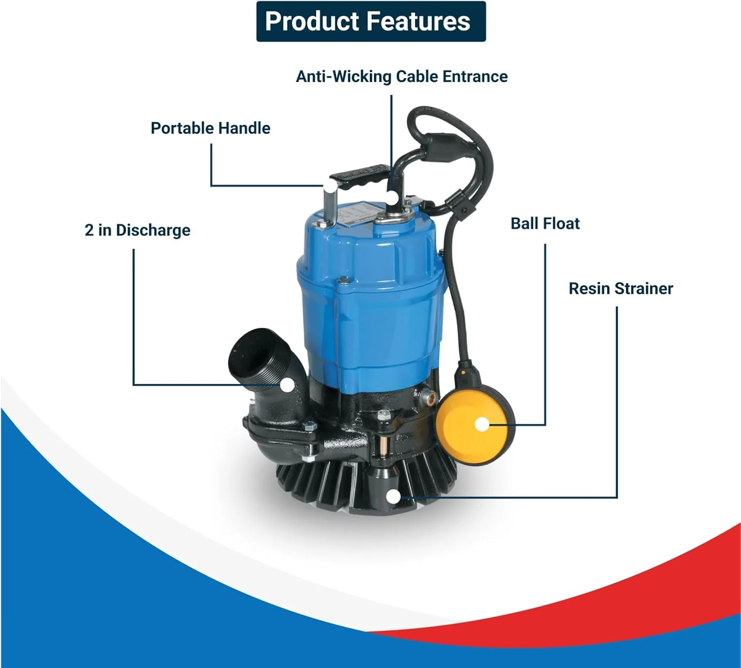 Tsurumi Pump HSZ2.4S Submersible Trash Pump with Float Switch 1/2 HP 115V 2" Discharge for Sand and Solids Dewatering | 53 GPM / 3180 GPH - Image 5