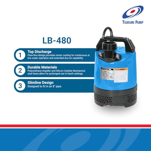 Tsurumi Pump LB-480 Submersible Dewatering Pump 2/3 HP 115V 2 in Discharge Slimline Design Ideal For Construction Use | 63 GPM / 3780 GPH - Image 3