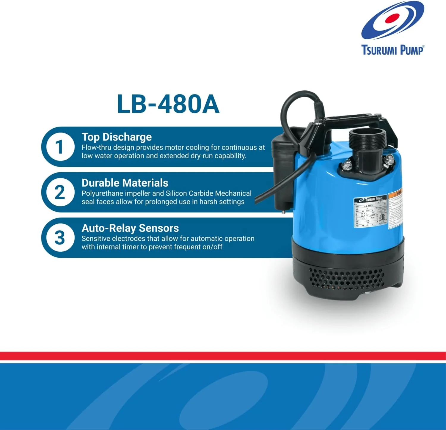 Tsurumi Pump LB-480A Submersible Dewatering Pump - Auto Relay Switch 2/3 HP 115V 2 in Discharge, 63 GPM / 3780 GPH - Image 3