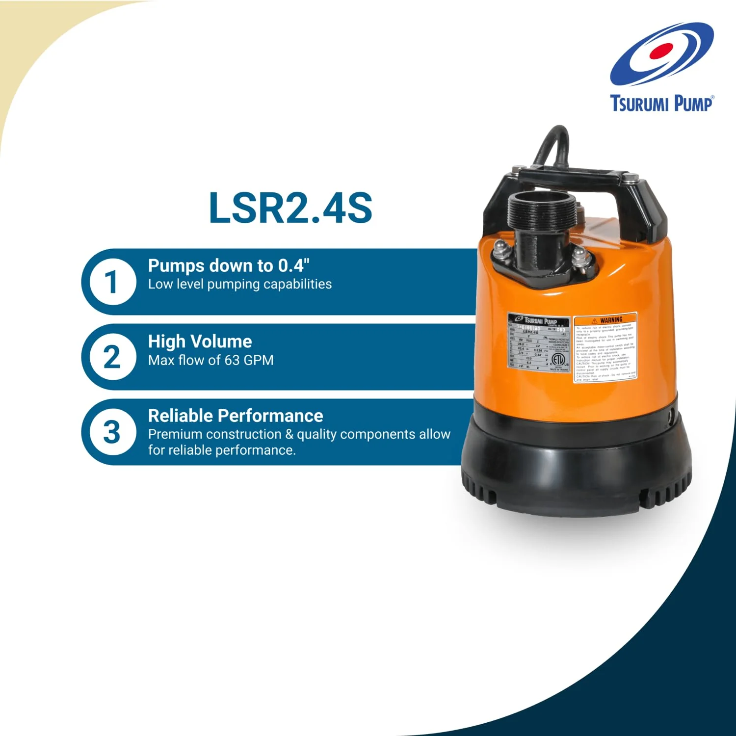 Tsurumi Pump LSR2.4S | Low Level Submersible Dewatering Pump | 2/3 HP, 110V, 2 in Discharge | Low Level Pump Ideal for Residential, Commercial, Remediation, Flood Control | 62 GPM / 3720 GPH - Image 4