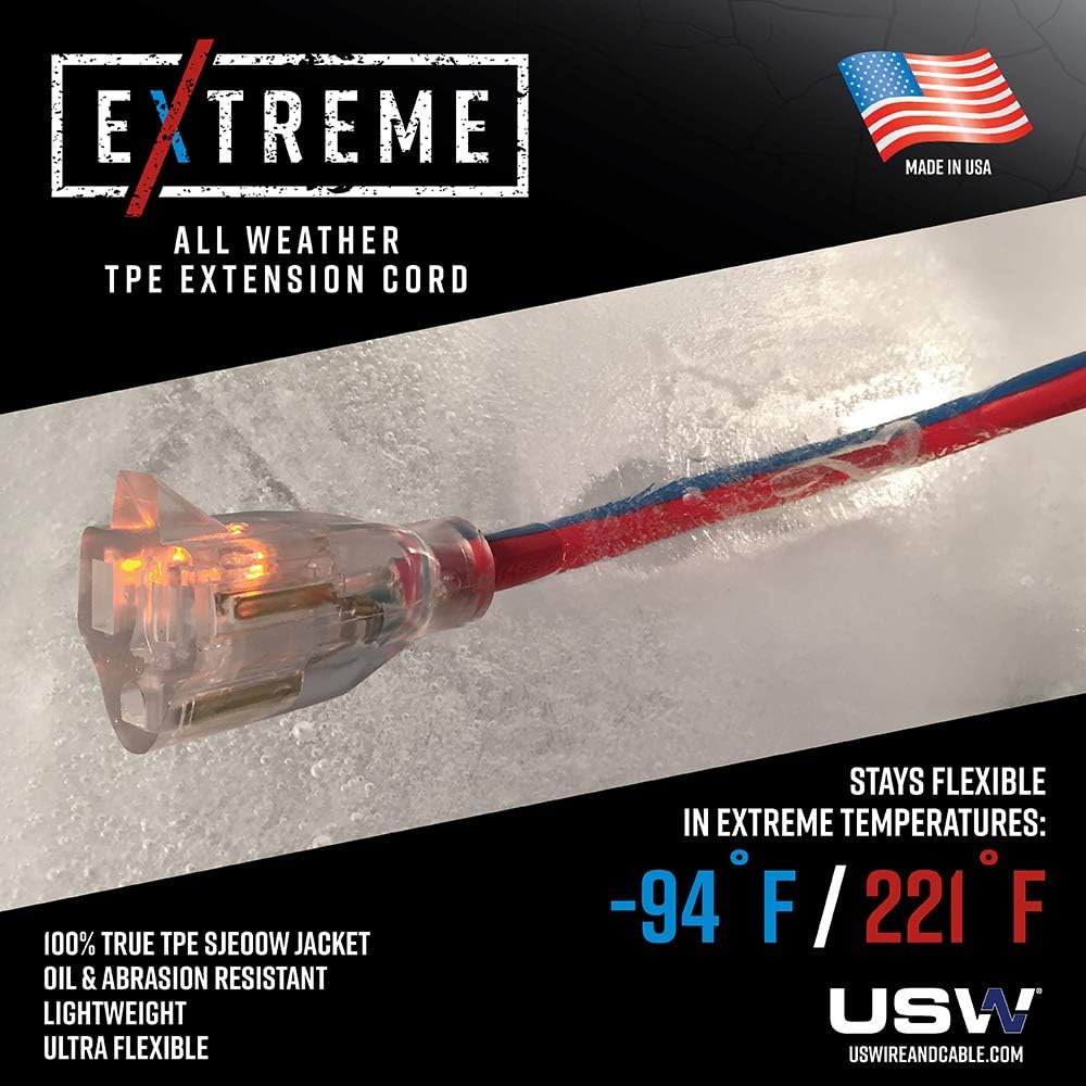 US Wire 99100 12/3 100-Foot SJEOW TPE Extreme Weather Extension Cord Blue with Lighted Plug - Image 4