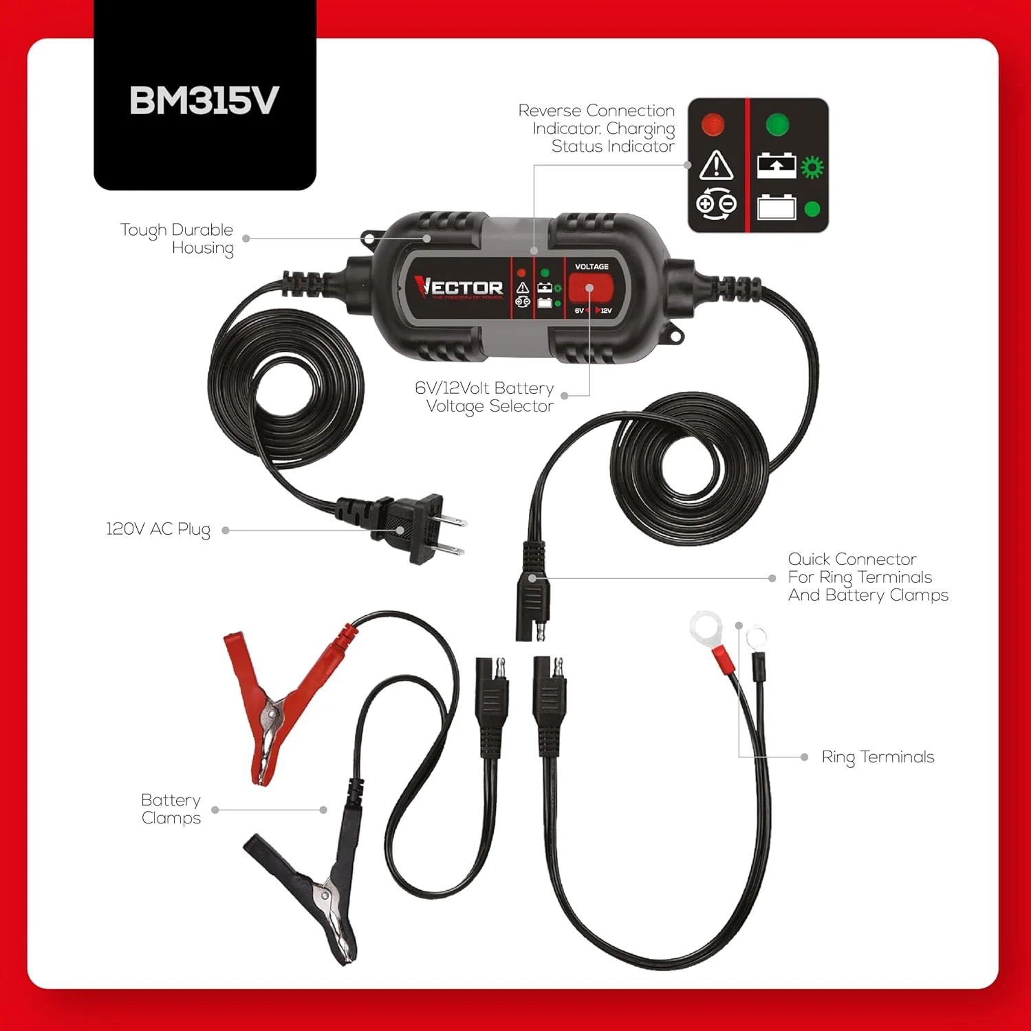 VECTOR 1.5 Amp Battery Charger, Battery Maintainer, Trickle Charger, BM315V, 6V and 12V, Fully Automatic - Image 7