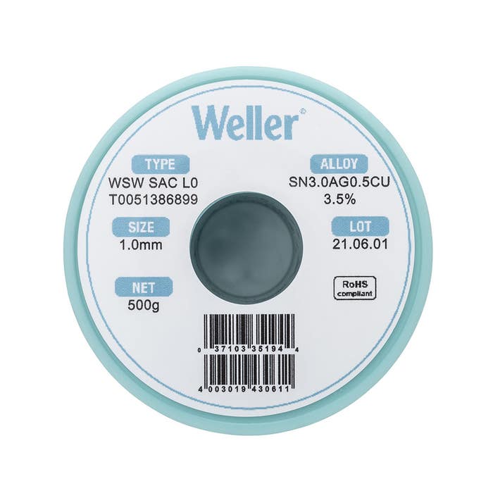 Weller WSW SAC L0 (T0051386899) Lead Free Solder Wire, Dia: 1.0 mm / 0.039 in, Wt: 500 g / 17.637 oz, Alloy Sn96.5Ag3.0Cu0.5, Flux content 3.5% - Image 2