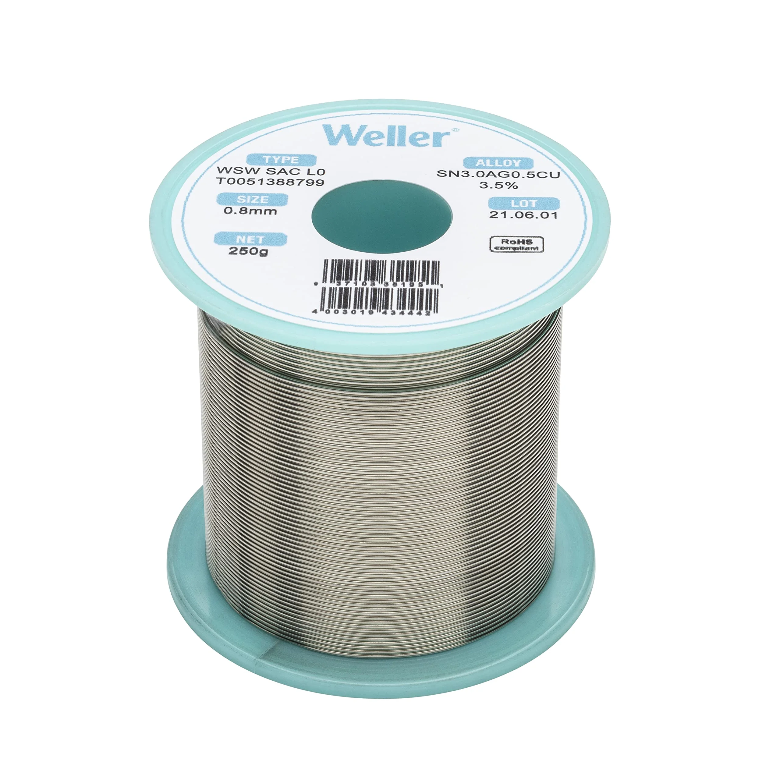Weller WSW SAC L0 Lead-Free Solder Wire, 0.8 mm / 0.039 in Diameter, 500 g / 17.637 oz Weight, Sn96.5Ag3.0Cu0.5 Alloy, 3.5% Flux Content - (T0051386999)