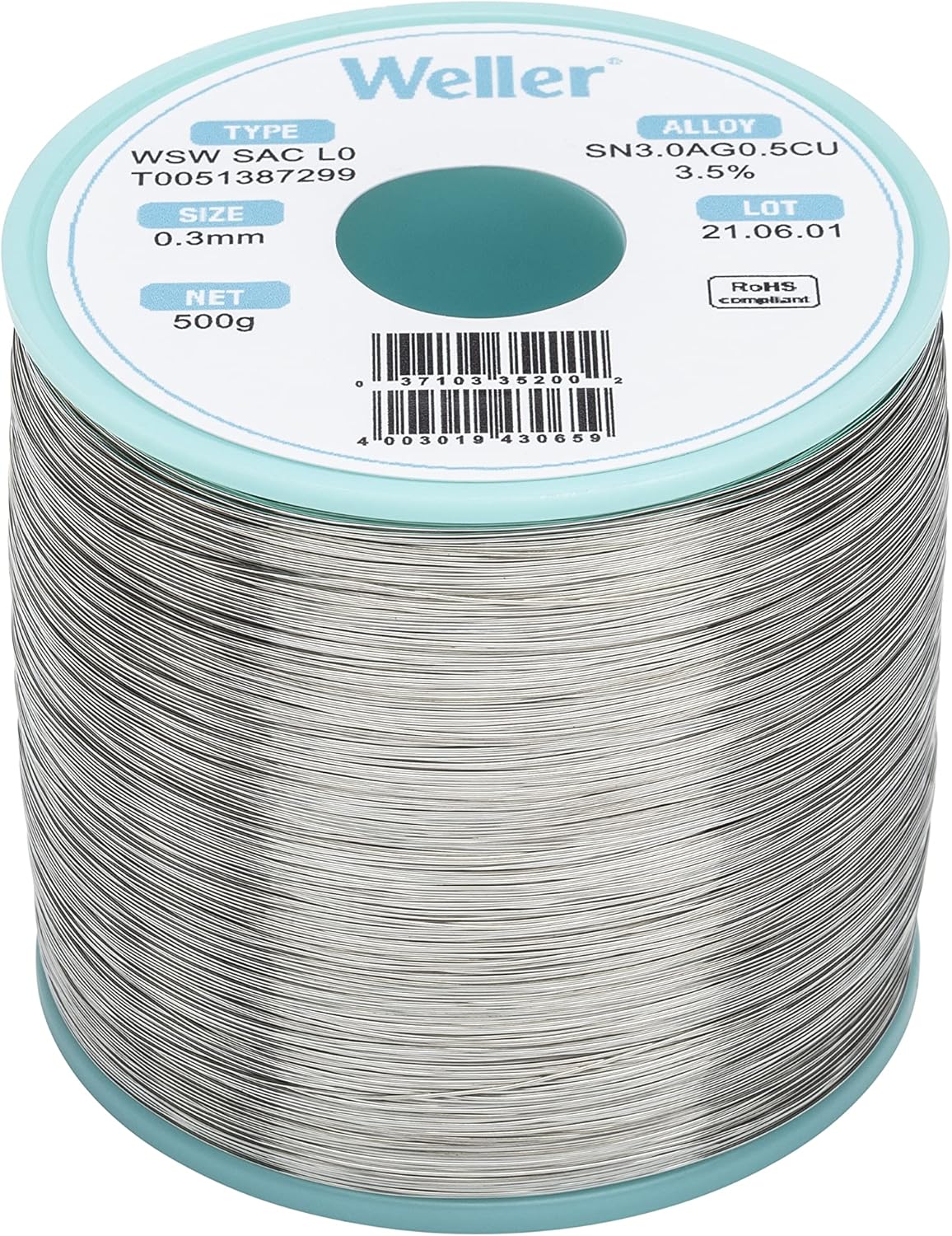 Weller WSW SAC L0 Lead Free Solder Wire, 0.3 mm / 0.012 in Diameter, 500 g / 17.637 oz Weight, Sn96.5Ag3.0Cu0.5 Alloy, 3.5% Flux Content - T0051387299 - Image 2