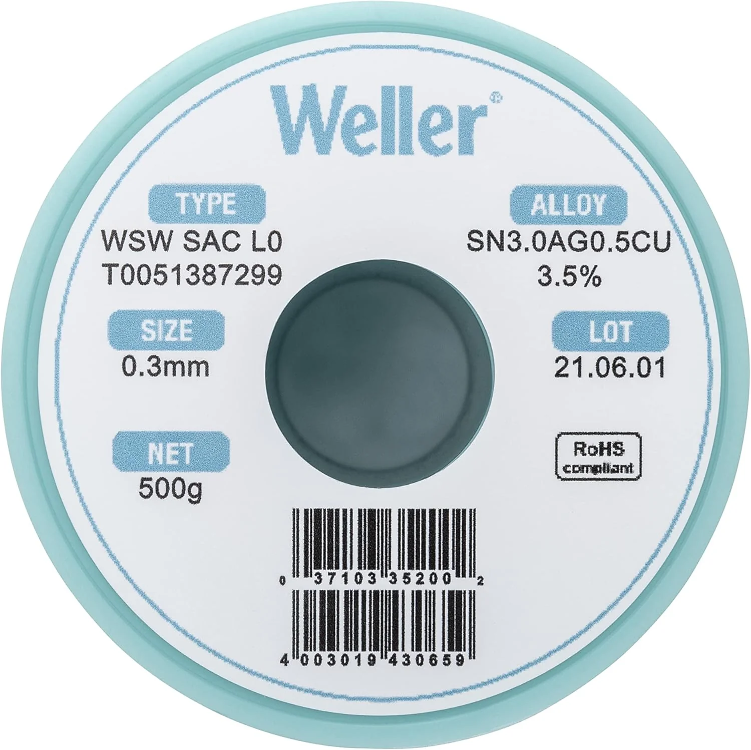 Weller WSW SAC L0 Lead Free Solder Wire, 0.3 mm / 0.012 in Diameter, 500 g / 17.637 oz Weight, Sn96.5Ag3.0Cu0.5 Alloy, 3.5% Flux Content - T0051387299 - Image 3
