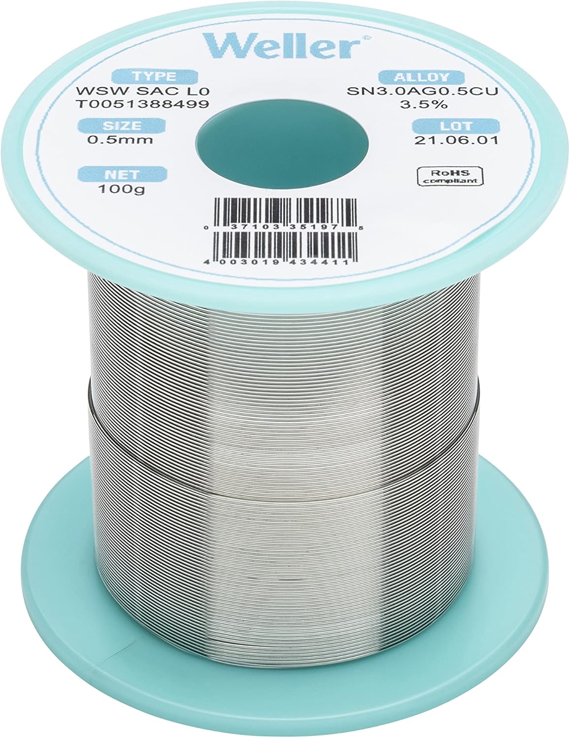 Weller WSW SAC L0 (T0051388499) Lead Free Solder Wire, Dia: 0.5 mm / 0.020 in, Wt: 100 g / 3.527 oz, Alloy Sn96.5Ag3.0Cu0.5, Flux content 3.5% - Image 2