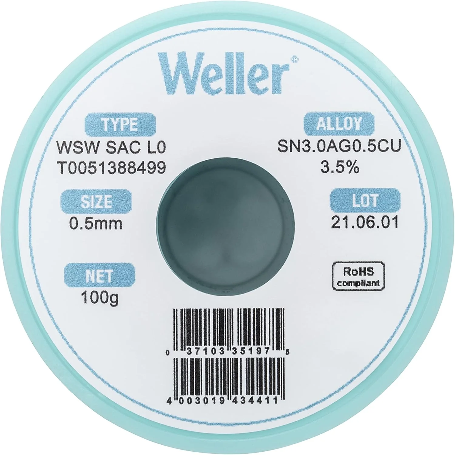 Weller WSW SAC L0 (T0051388499) Lead Free Solder Wire, Dia: 0.5 mm / 0.020 in, Wt: 100 g / 3.527 oz, Alloy Sn96.5Ag3.0Cu0.5, Flux content 3.5% - Image 3