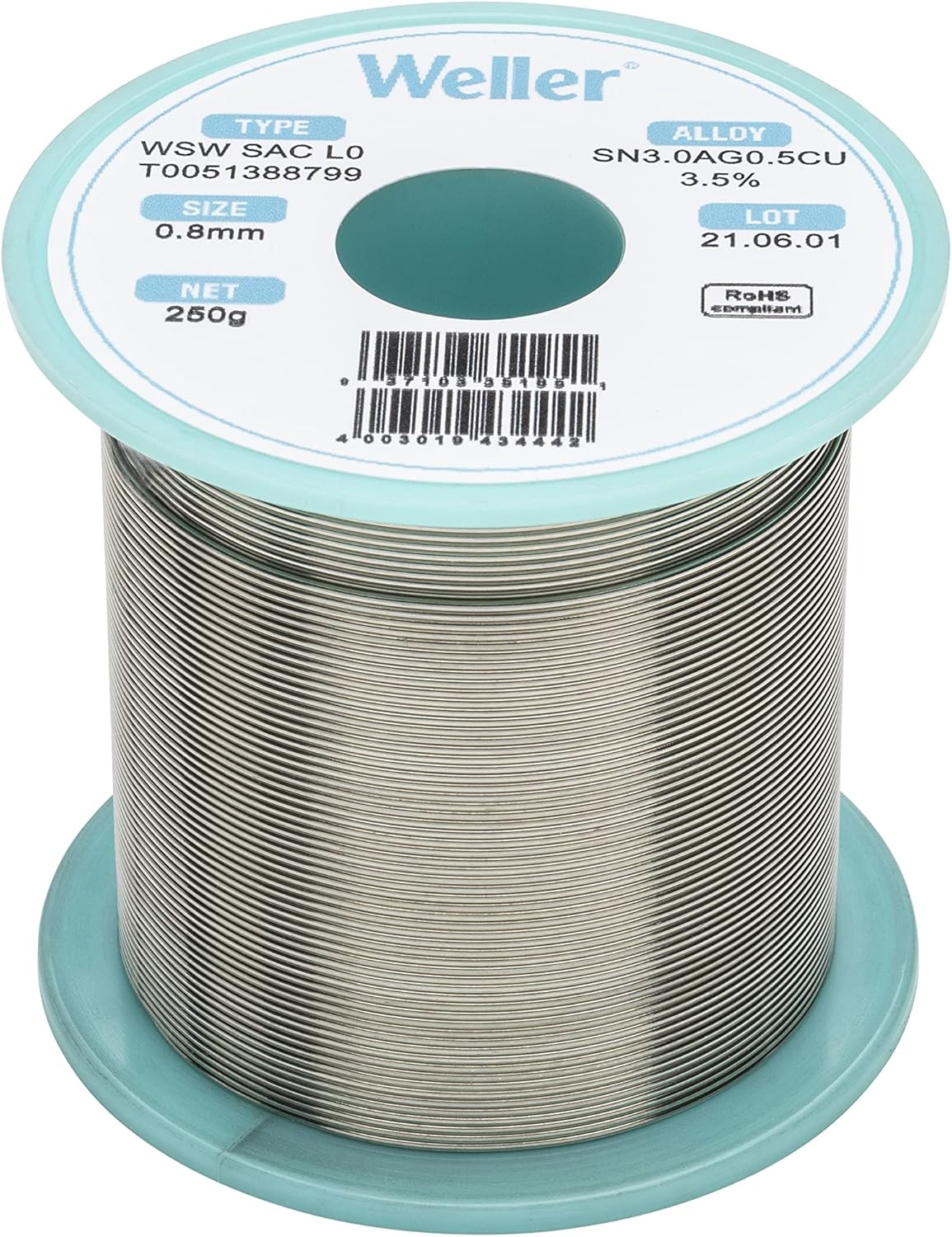 Weller WSW SAC L0 Lead Free Solder Wire, 0.8 mm / 0.039 in Diameter, 250 g / 8.818 oz Weight, Sn96.5Ag3.0Cu0.5 Alloy, 3.5% Flux content - (T0051388799) - Image 2
