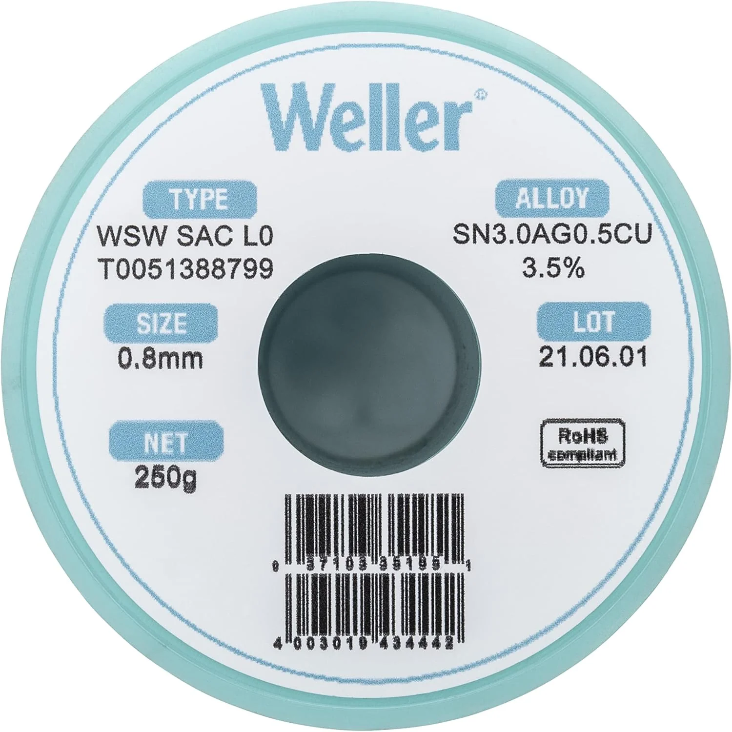 Weller WSW SAC L0 Lead Free Solder Wire, 0.8 mm / 0.039 in Diameter, 250 g / 8.818 oz Weight, Sn96.5Ag3.0Cu0.5 Alloy, 3.5% Flux content - (T0051388799) - Image 3