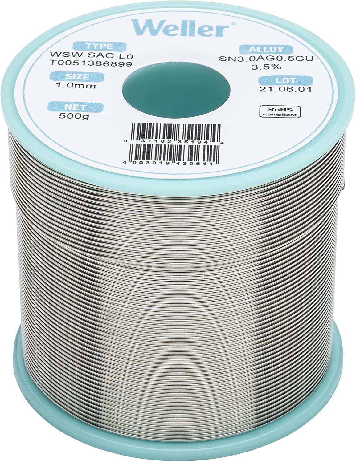 Weller WSW SAC L0 Lead-Free Solder Wire, 1.0 mm / 0.039 in Diameter, 250 g / 8.818 oz Weight, Sn96.5Ag3.0Cu0.5 Alloy, 3.5% Flux content - T0051388899 - Image 2