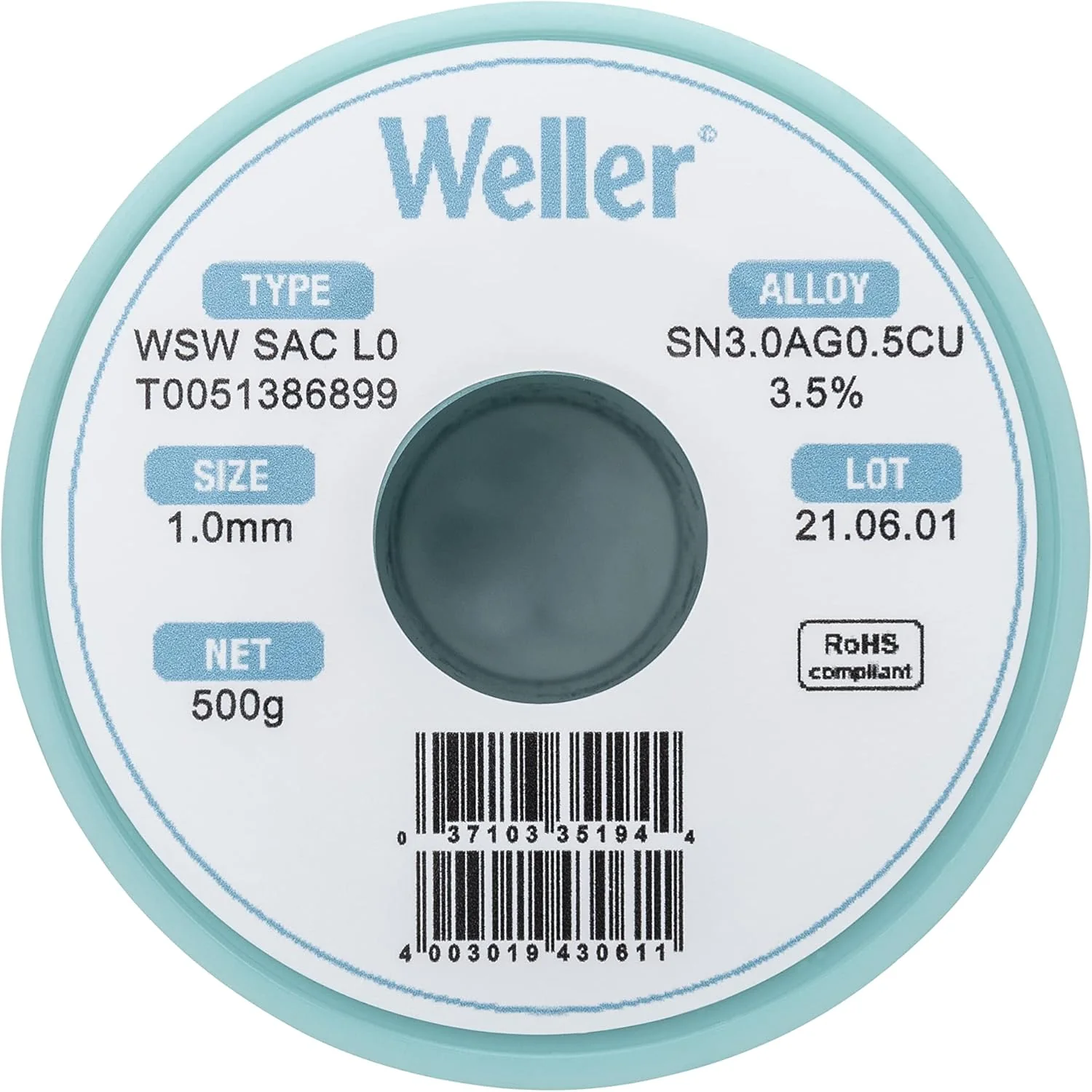 Weller WSW SAC L0 Lead-Free Solder Wire, 1.0 mm / 0.039 in Diameter, 250 g / 8.818 oz Weight, Sn96.5Ag3.0Cu0.5 Alloy, 3.5% Flux content - T0051388899 - Image 3