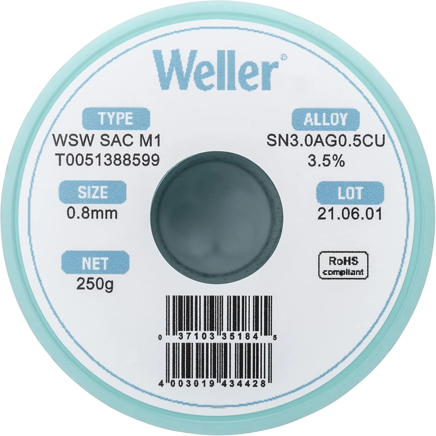 Weller WSW SAC M1 (T0051386399) Lead Free Solder Wire, Dia: 0.8 mm / 0.039 in, Wt: 500 g / 17.637 oz, Alloy Sn96.5Ag3.0Cu0.5, Flux content 3.5% Halide Flux .8 mm 500 gram - Image 2