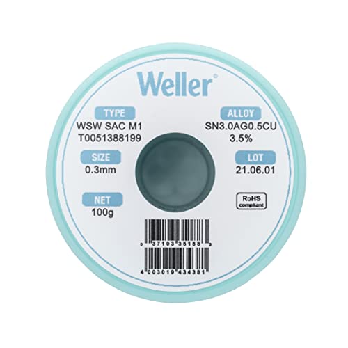 Weller WSW SAC M1 (T0051386599) Lead Free Solder Wire, Dia: 0.3 mm / 0.012 in, Wt: 500 g / 17.637 oz, Alloy Sn96.5Ag3.0Cu0.5, Flux content 3.5% - Image 2