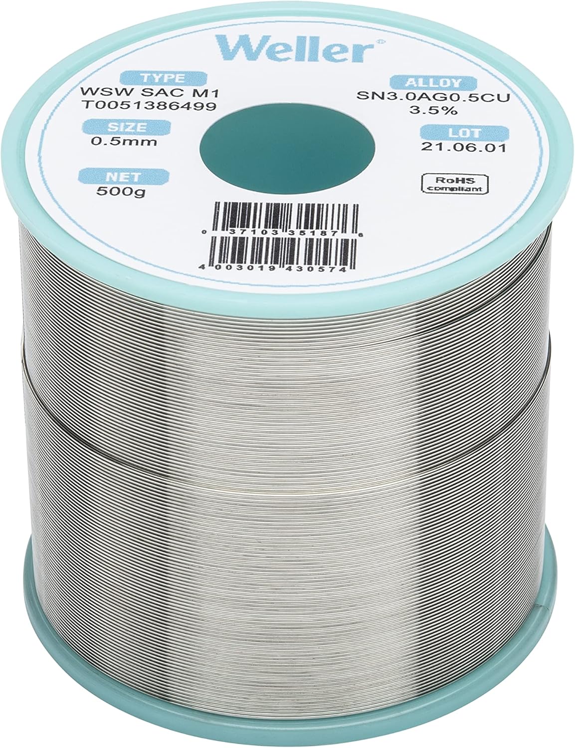 Weller T0051388299 Solder Wire, No Clean, Lead Free, 0.020 in"/0.5mm Diameter, Sn96.5Ag3Cu0.5, 3.5% Flux Content - Image 2