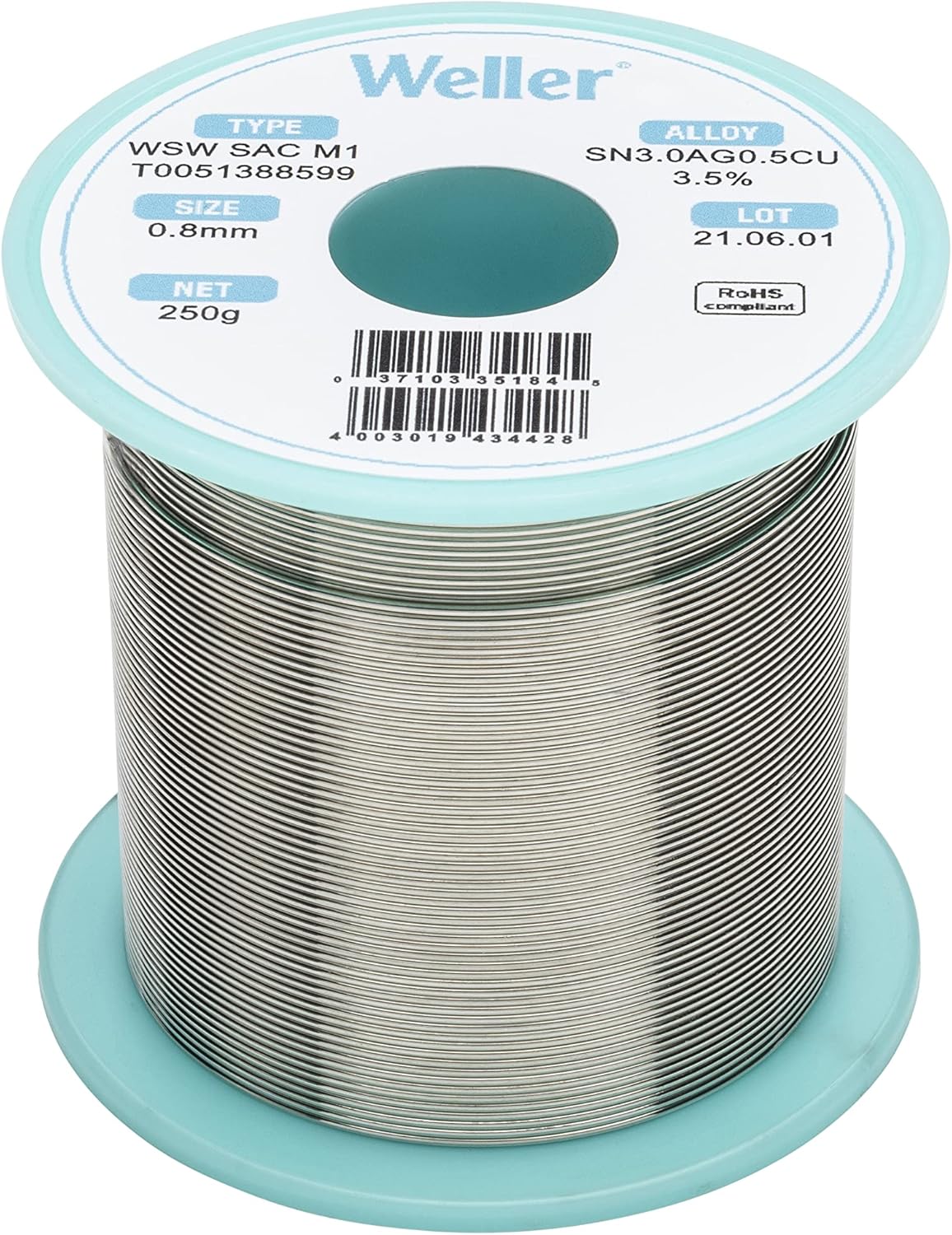 Weller WSW SAC M1 Lead-Free Solder Wire, 0.8 mm / 0.039 in Diameter, 250 g / 8.818 oz Weight, Sn96.5Ag3.0Cu0.5 Alloy, 3.5% Flux Content - T0051388599 - Image 2
